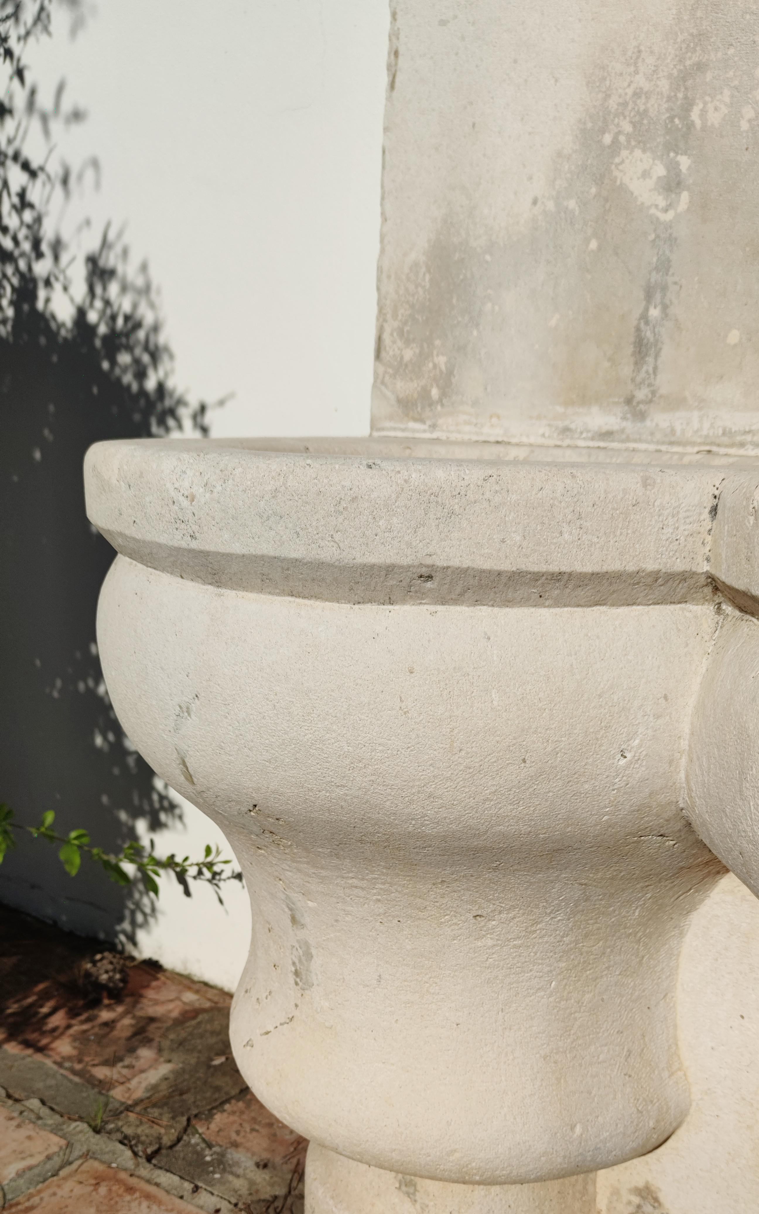1920s Spanish Hand Carved Limestone Wall Fountain with Two Spouts 6