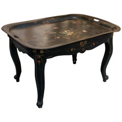 1920s Spanish Hand Painted Iron Black Tray Table with Flower Scenes