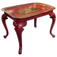 1920s Spanish Hand Painted Red Iron Tray Table with Scenes