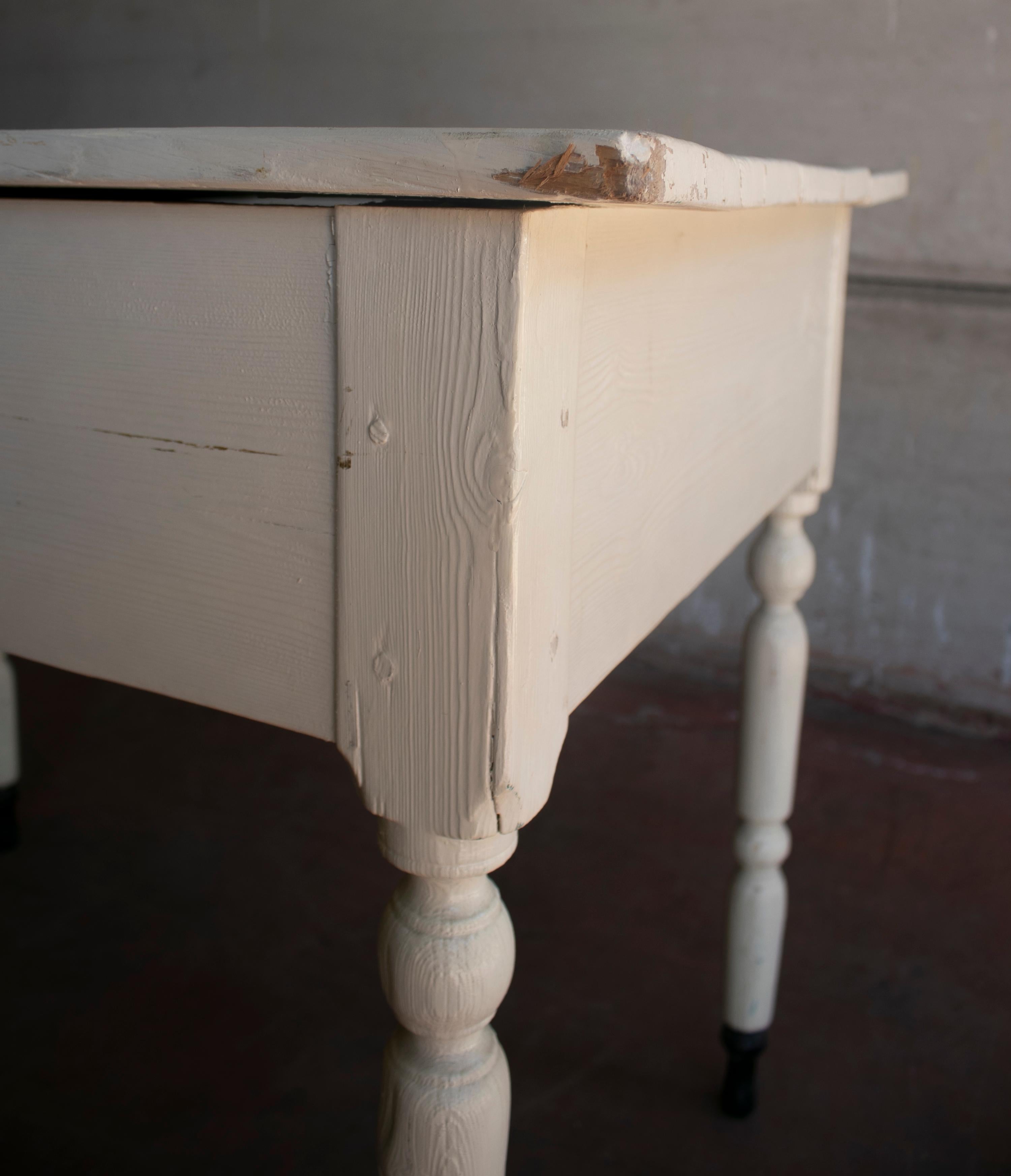 1920s Spanish One Drawer Farmhouse White Wooden Table 9