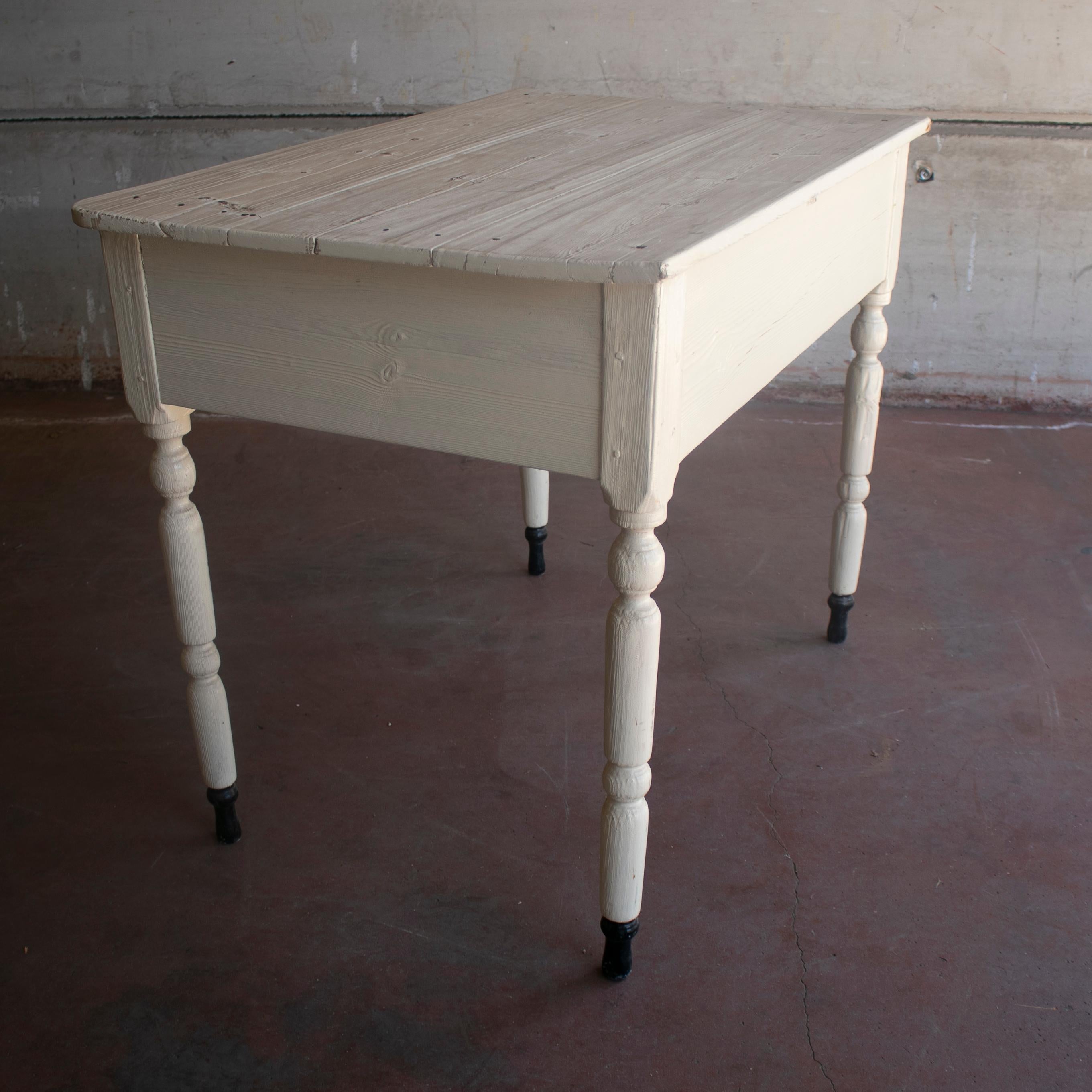 1920s Spanish One Drawer Farmhouse White Wooden Table 1