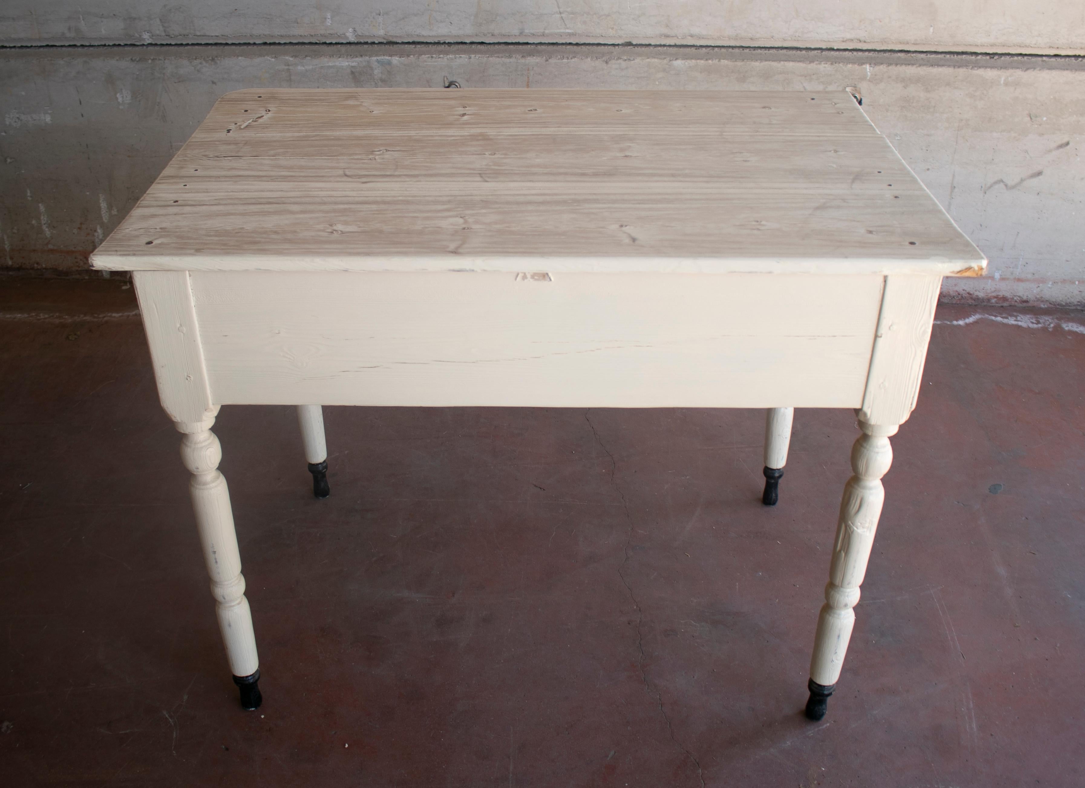 1920s Spanish One Drawer Farmhouse White Wooden Table 2