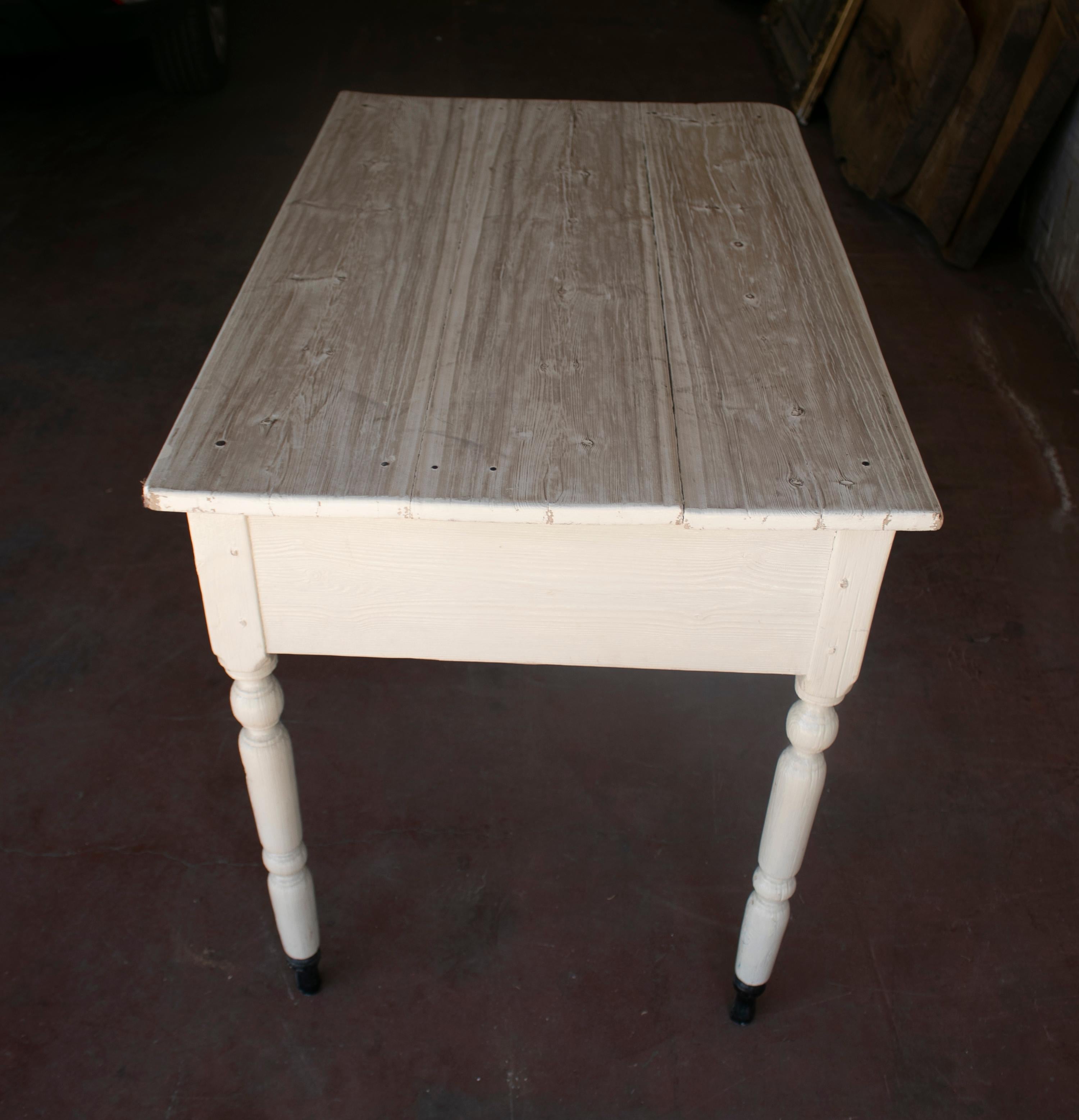 1920s Spanish One Drawer Farmhouse White Wooden Table 3