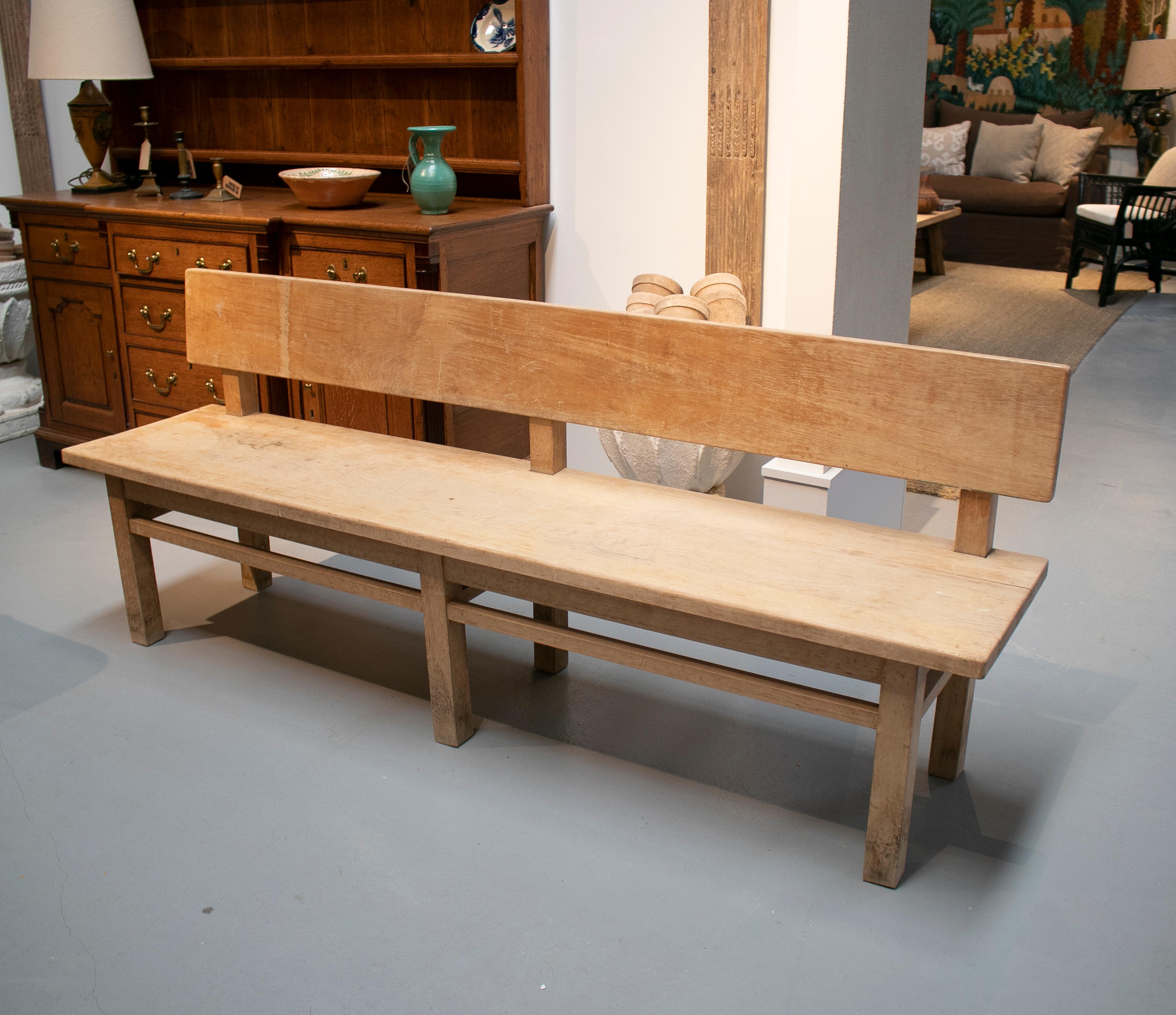 1920s Spanish pine wood church pew style bench.