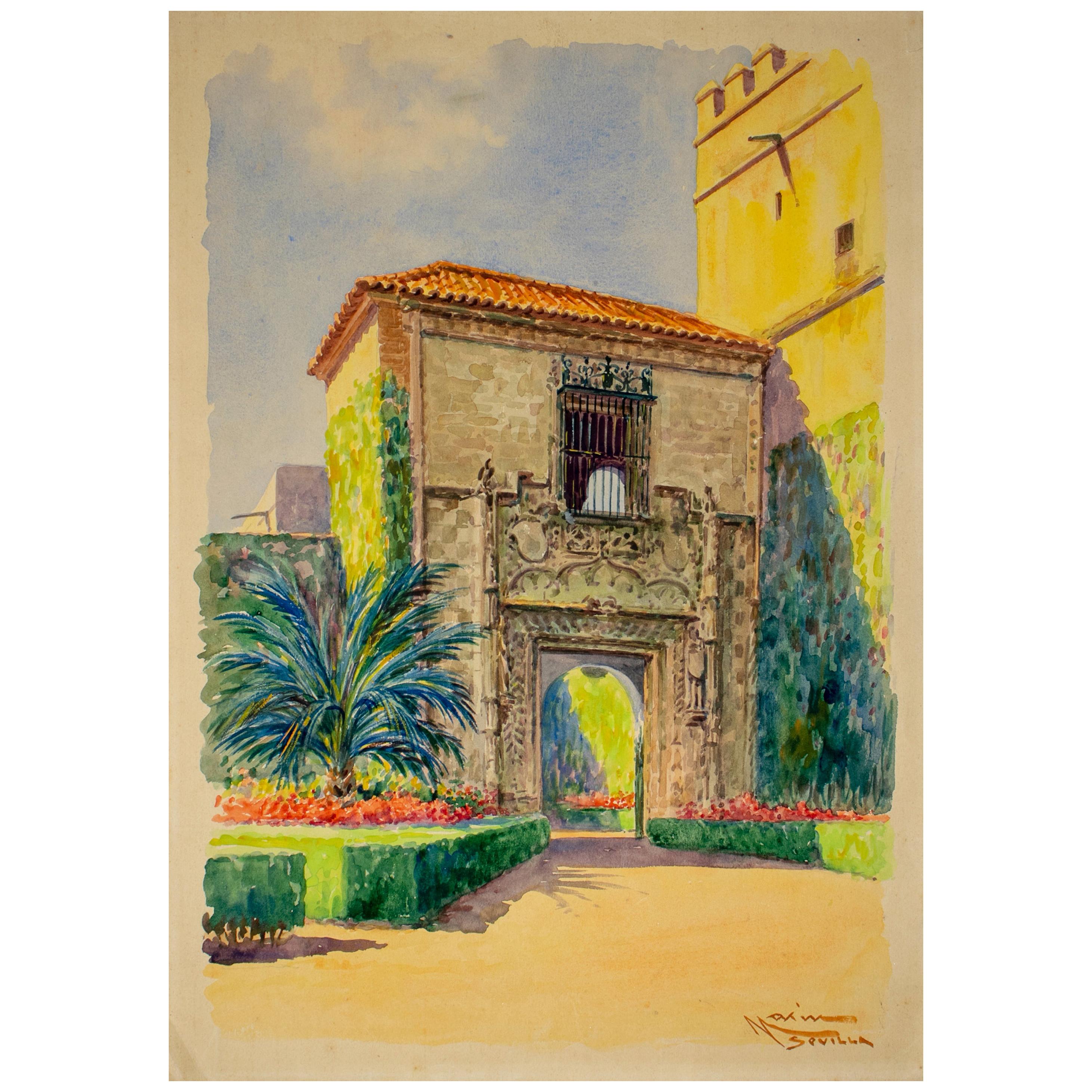 dessin aquarelle espagnol des années 1920 de la porte du palais royal de l'Alcazar de Séville