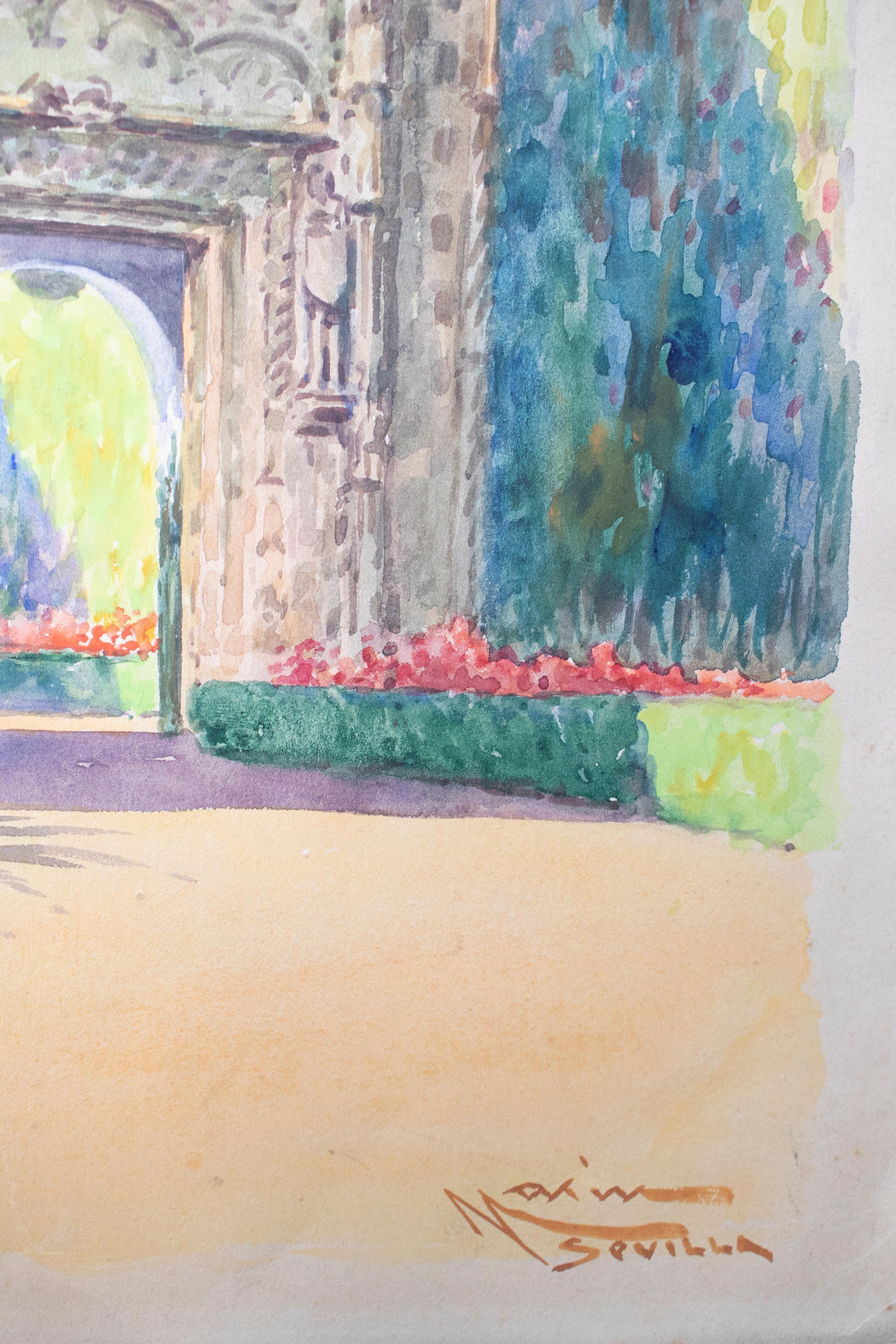 Hand-Painted 1920s Spanish Watercolor Drawing of the Royal Alcazar of Seville Palace Door For Sale
