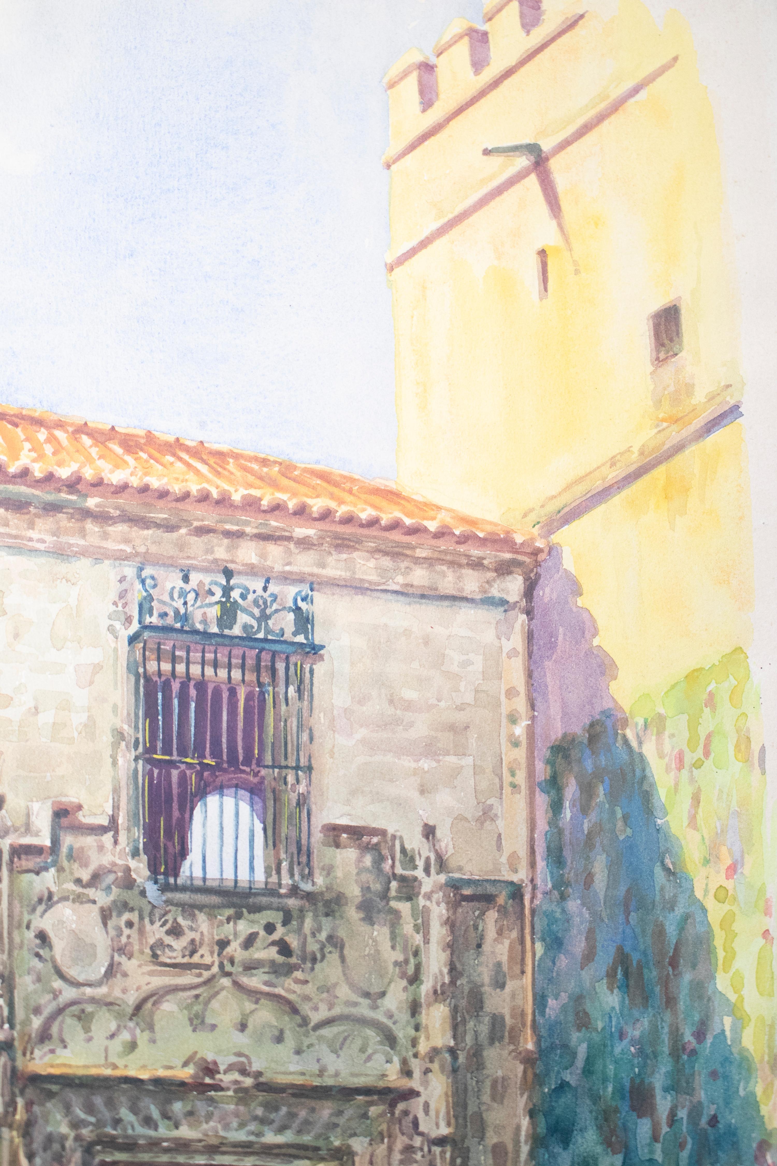 1920s Spanish Watercolor Drawing of the Royal Alcazar of Seville Palace Door In Good Condition For Sale In Marbella, ES