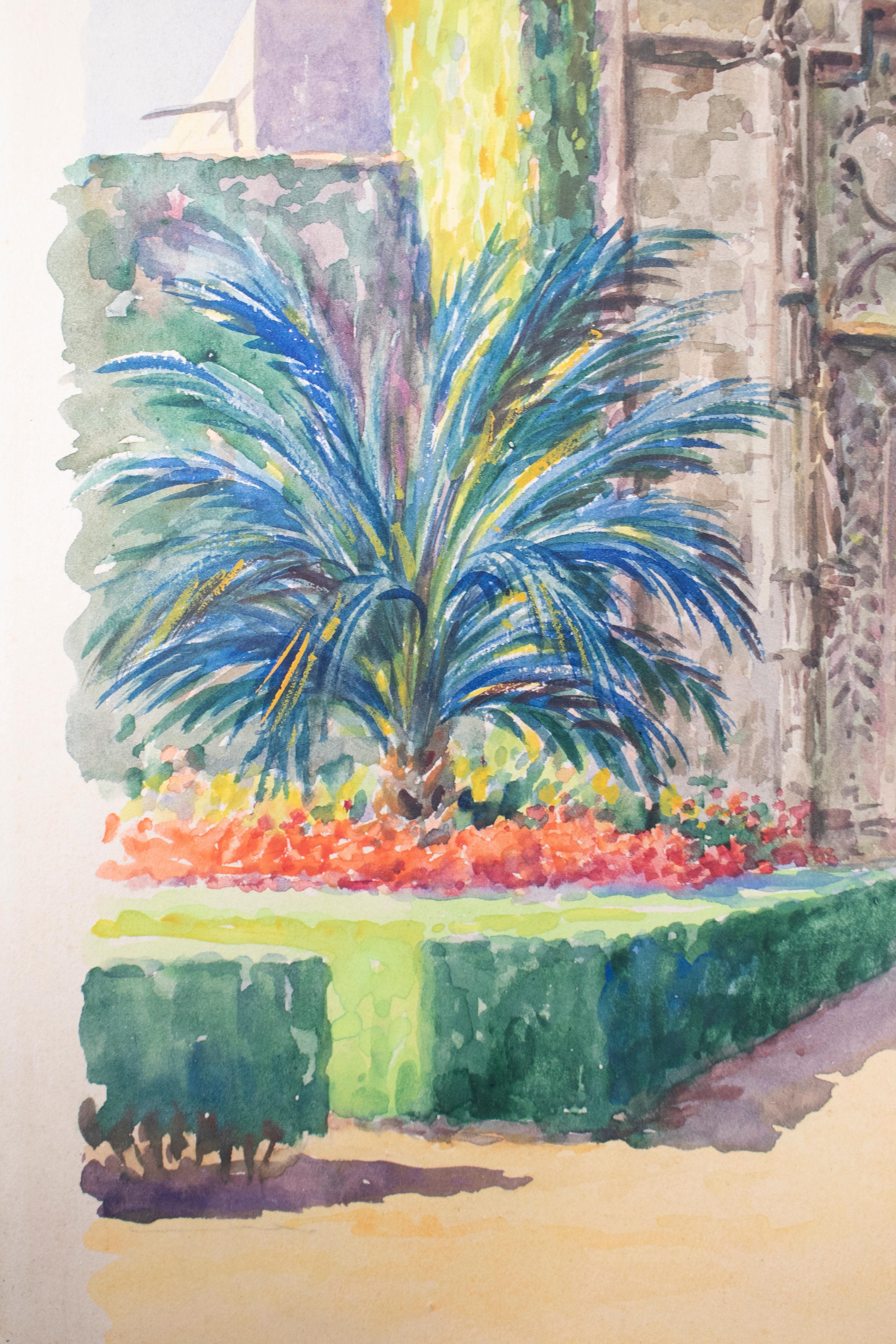 Dipinto a mano Disegno ad acquerello spagnolo degli anni '20 della porta del palazzo reale dell'Alcazar di Siviglia in vendita