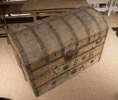 1920s Spanish Wooden Trunk Decorated w/ Nailheads Trim Ornamentation