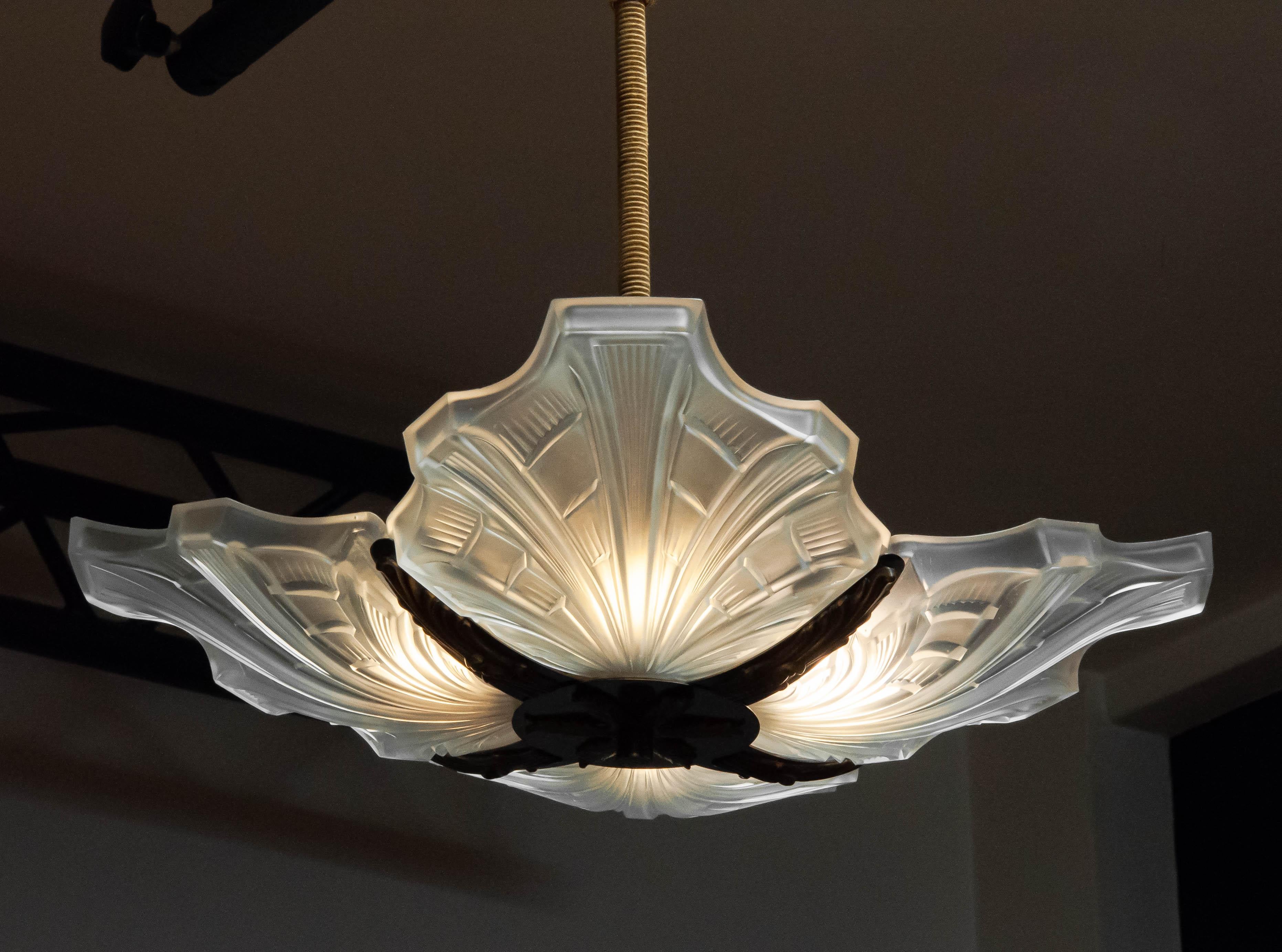 1920s Square Art Deco Pendant / Chandelier With Frosted Art Glass. France For Sale 4
