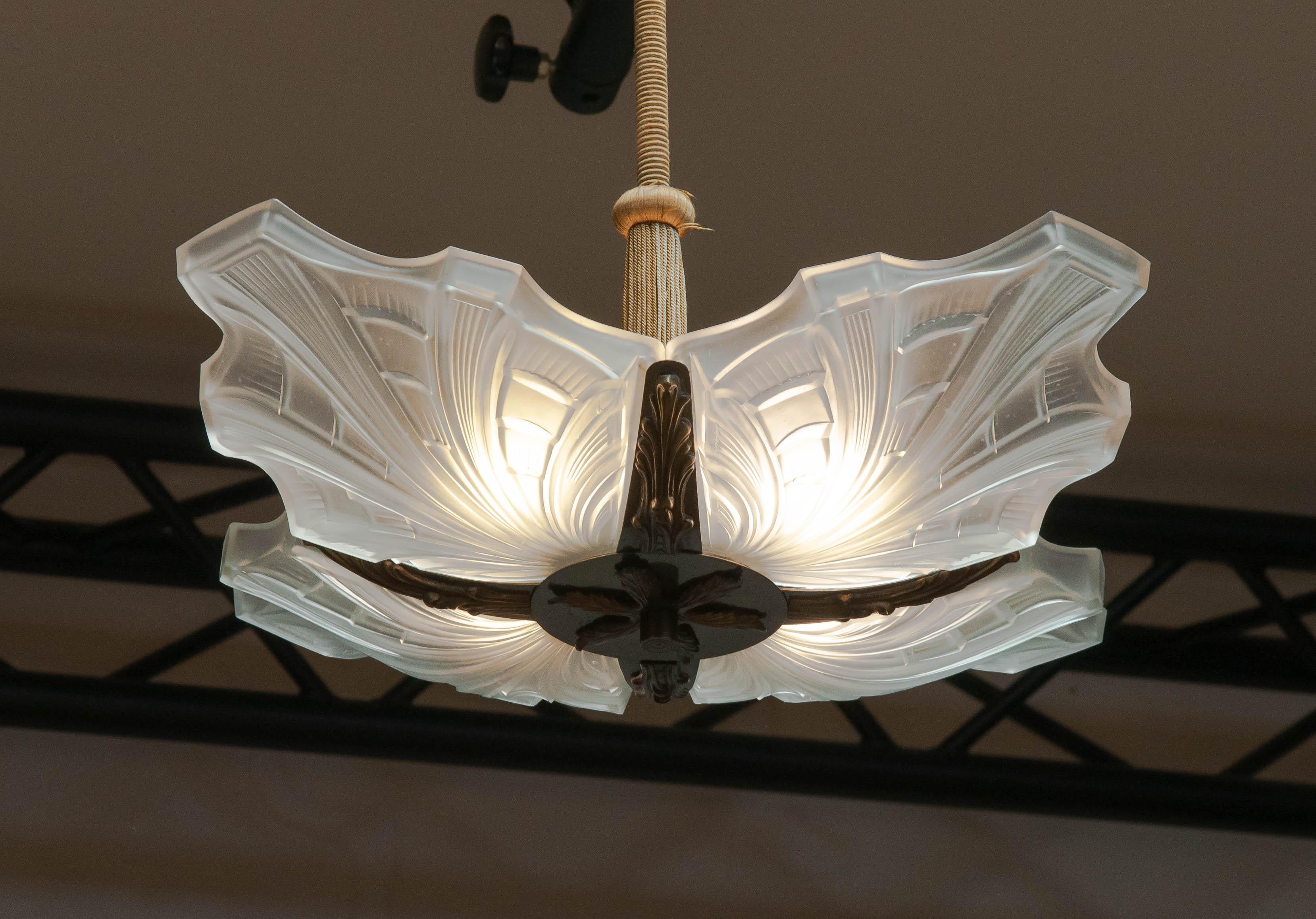 French 1920s Square Art Deco Pendant / Chandelier With Frosted Art Glass. France For Sale