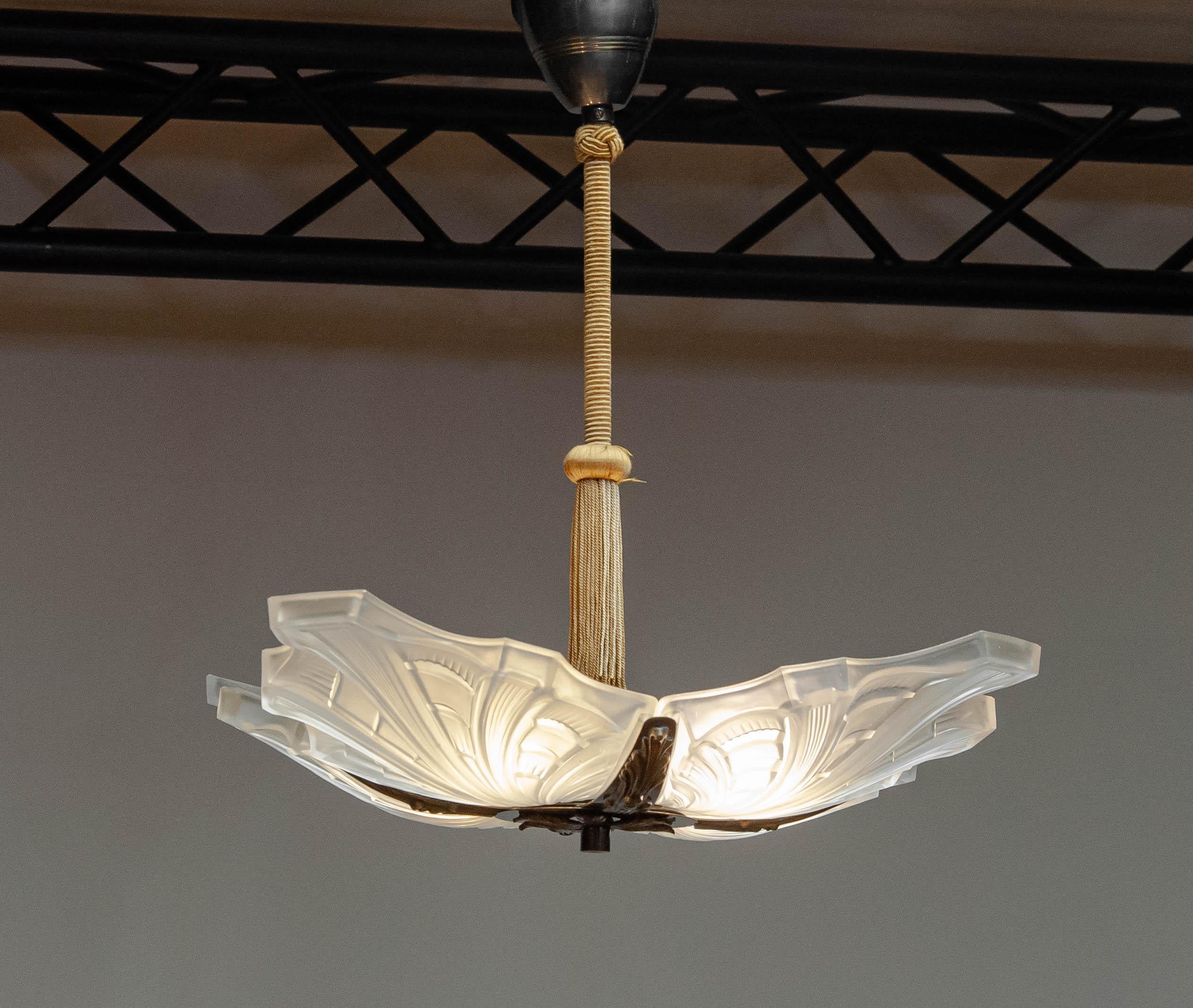 Early 20th Century Square Art Deco Pendant / Chandelier With Frosted Art Glass. France 1920s For Sale