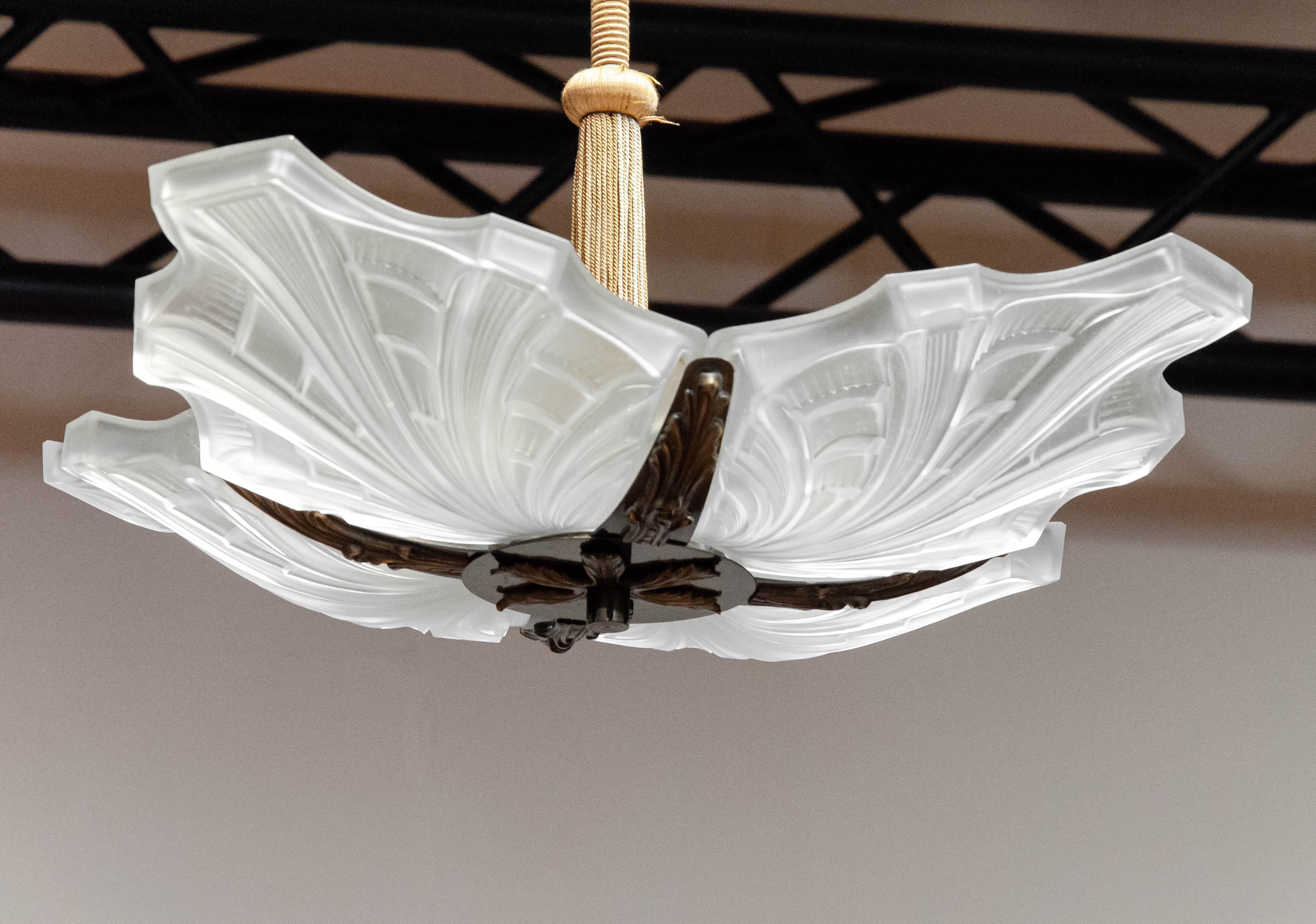 Square Art Deco Pendant / Chandelier With Frosted Art Glass. France 1920s For Sale 1