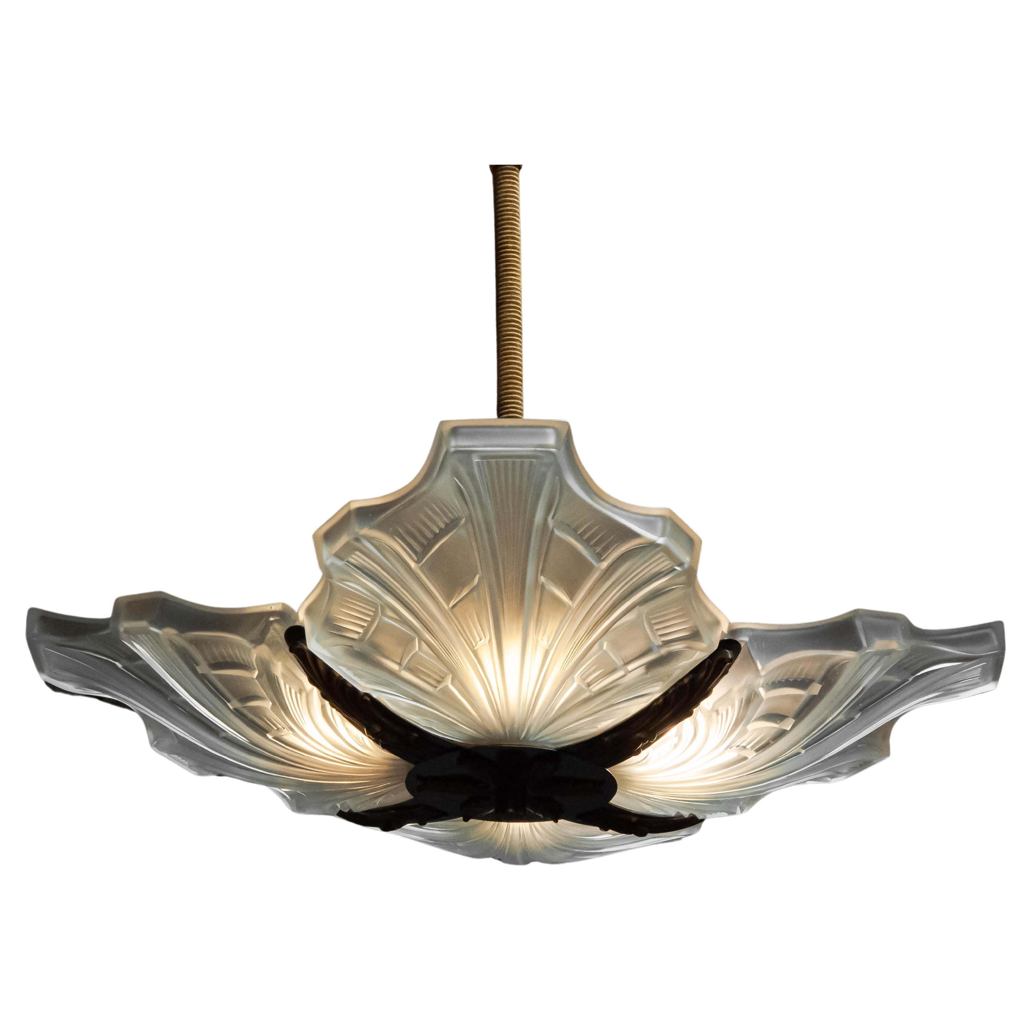 Square Art Deco Pendant / Chandelier With Frosted Art Glass. France 1920s