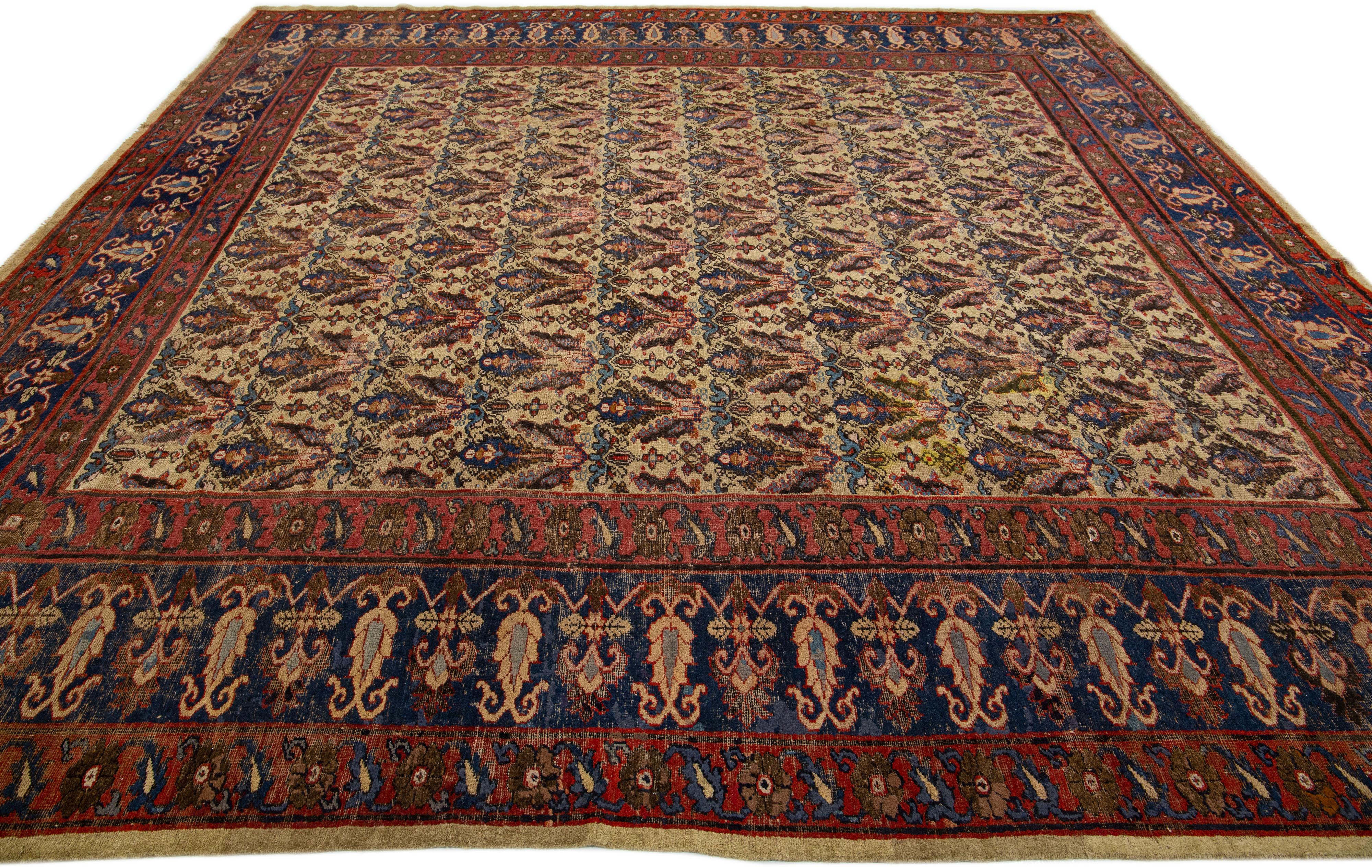 This exquisite Antique hand knotted Agra wool rug features a brown color field accented by blue and rust motifs in a timeless medallion floral pattern.

This rug measures: 12' x 12'.

.