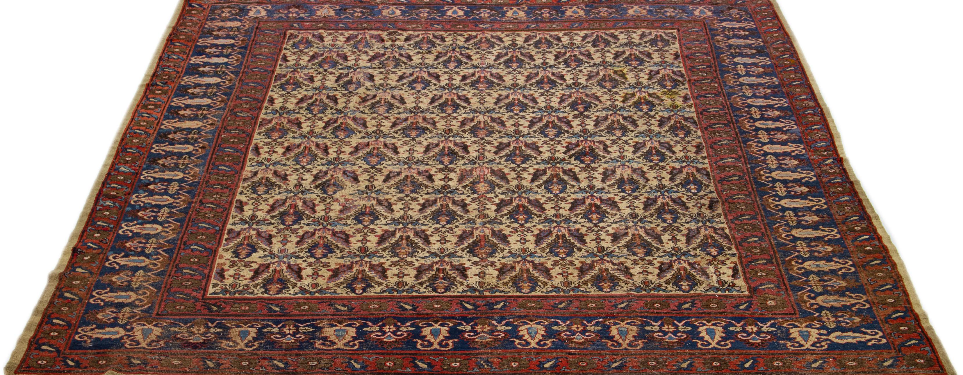 Early 20th Century 1920s Square Indian Agra Wool Rug with Allover Design in Brown For Sale