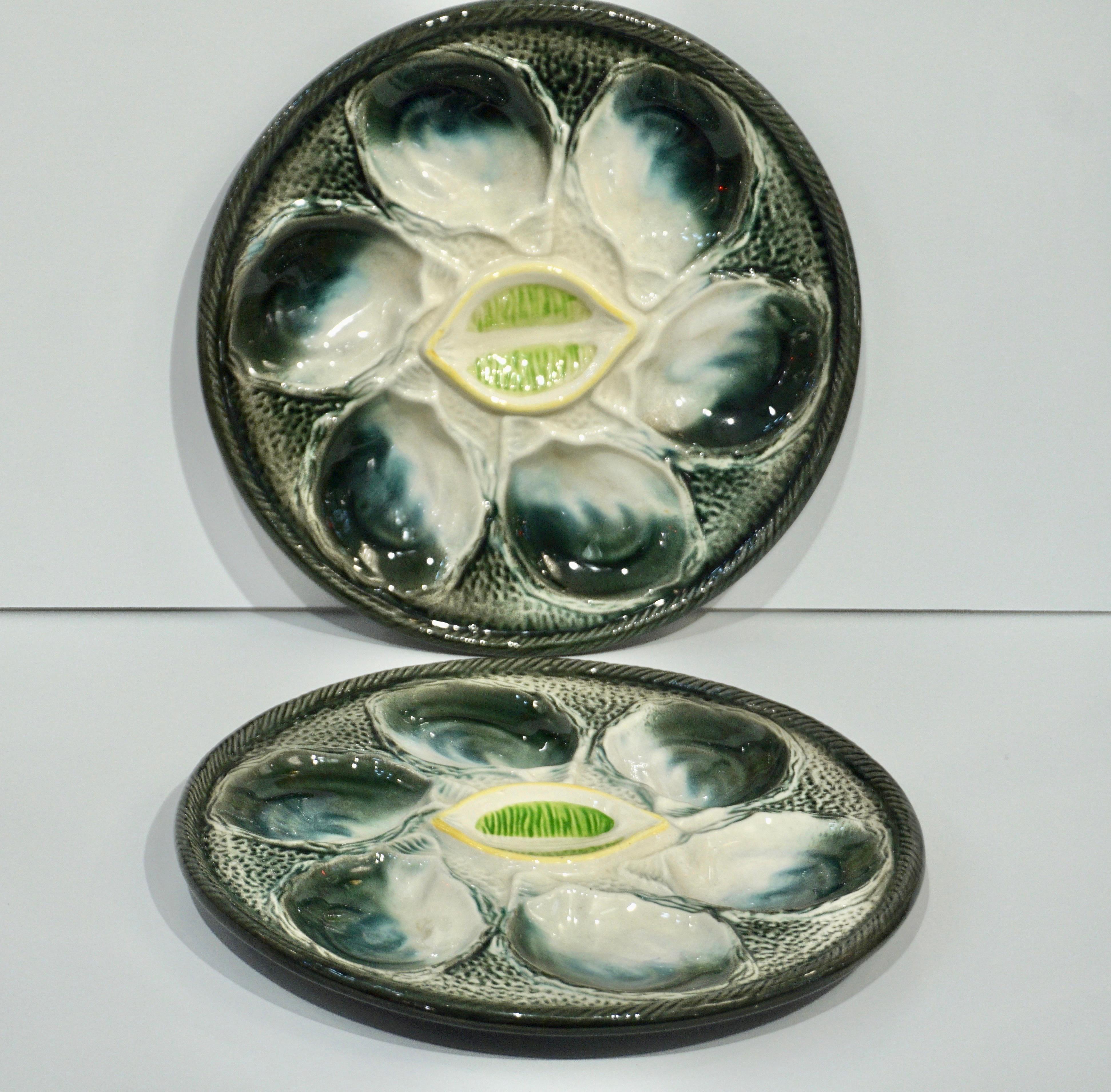 French Art Deco Blue & White Majolica Set of 6 Oyster Plates and Serving Platter 9