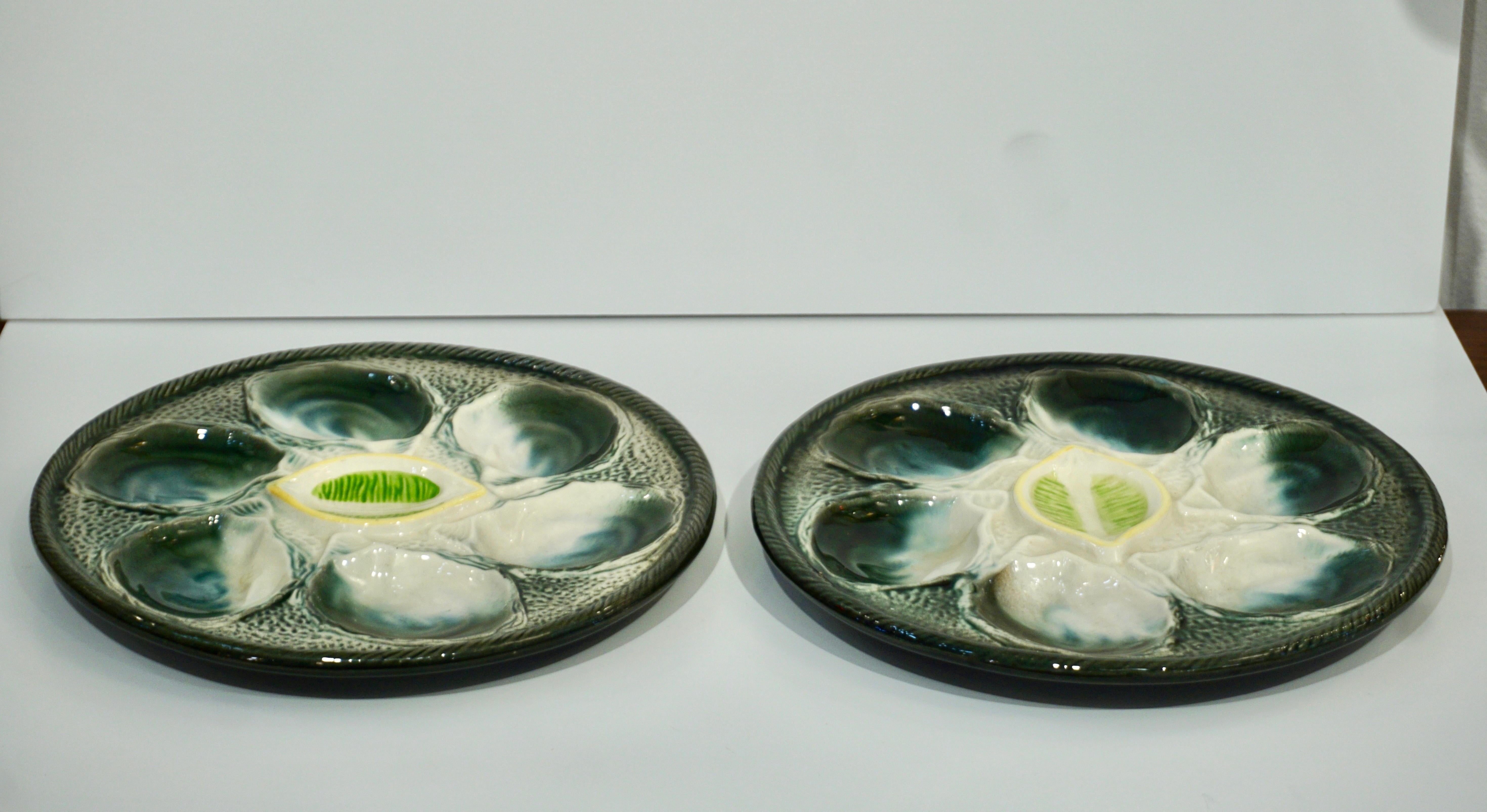 French Art Deco Blue & White Majolica Set of 6 Oyster Plates and Serving Platter 10