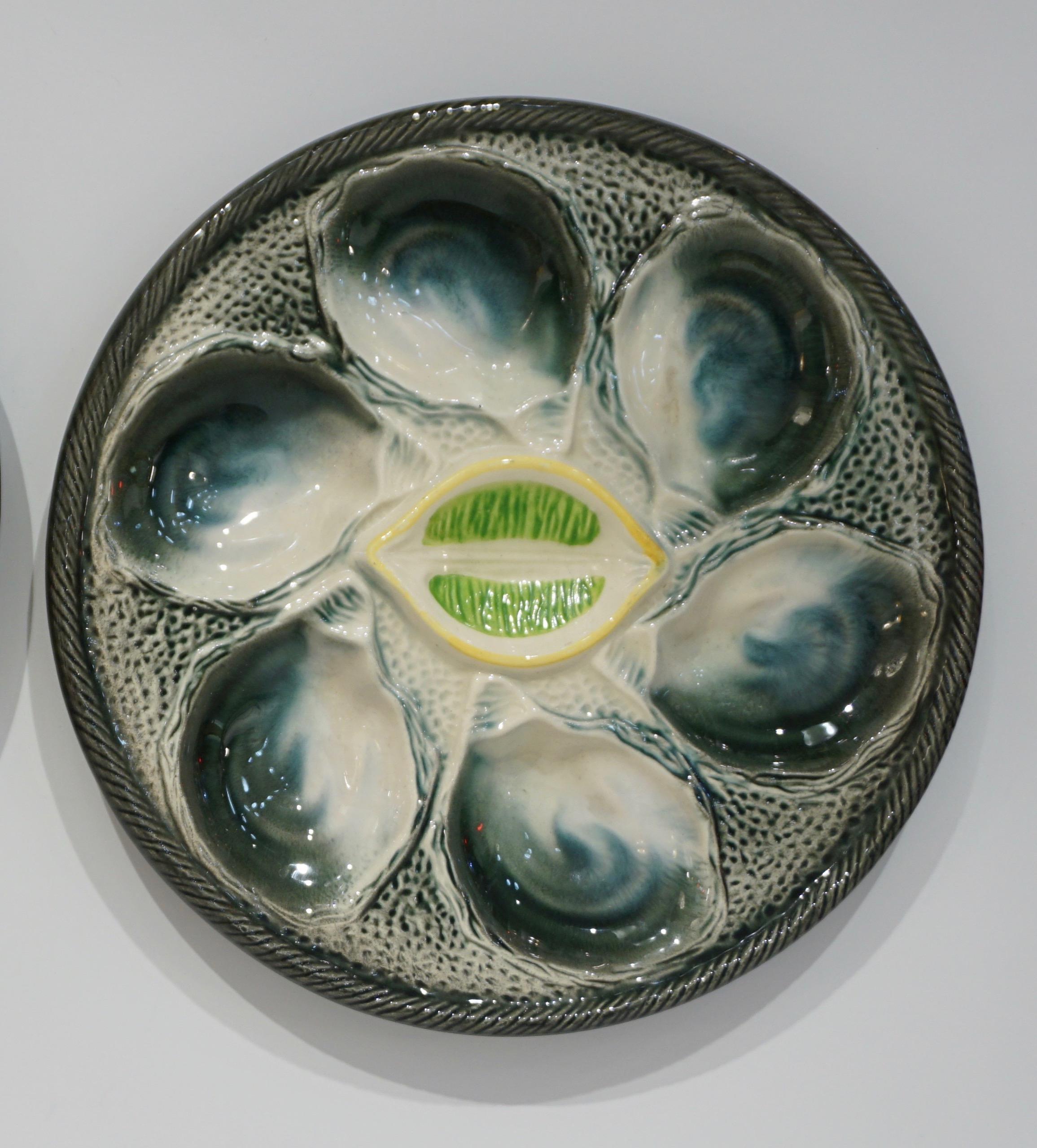 Hand-Painted French Art Deco Blue & White Majolica Set of 6 Oyster Plates and Serving Platter