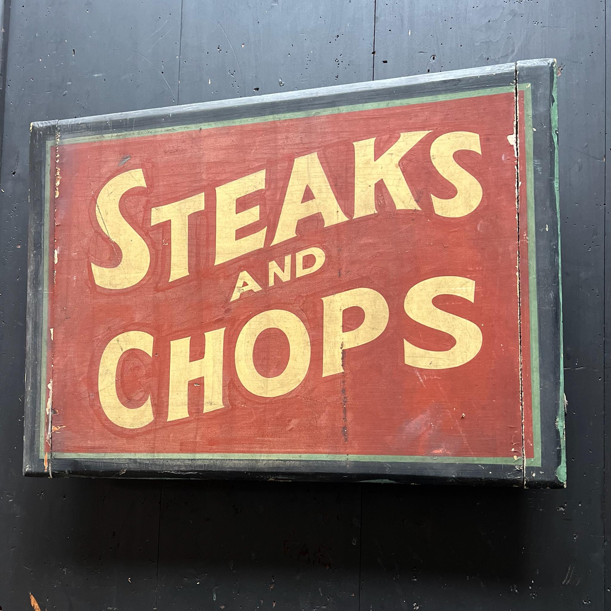 1920s Steaks & Chops Cartel de Madera Pintado a Mano - Carteles de Arte Popular Americano Pintado a mano en venta