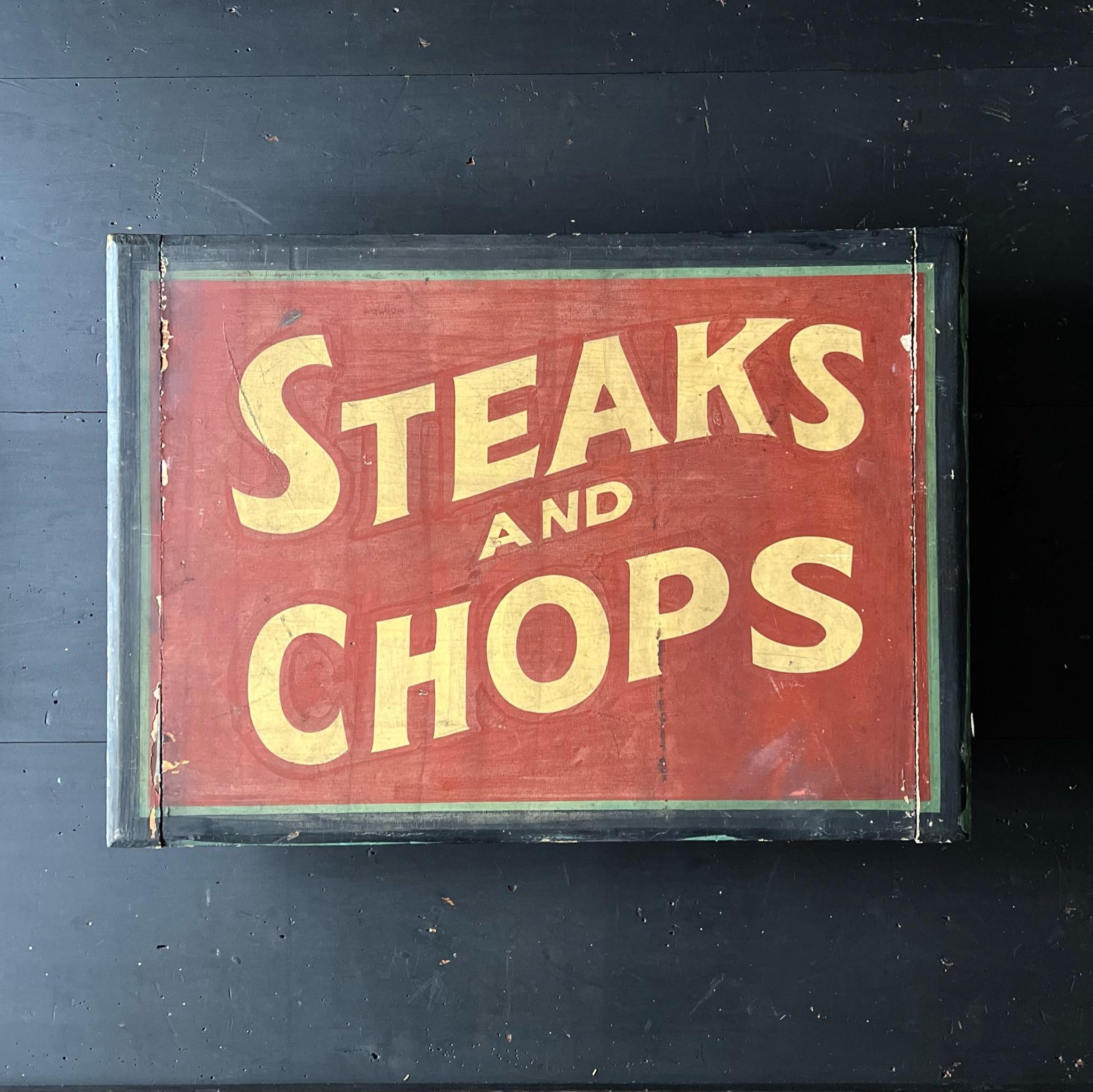 1920s Steaks & Chops Cartel de Madera Pintado a Mano - Carteles de Arte Popular Americano Metal en venta
