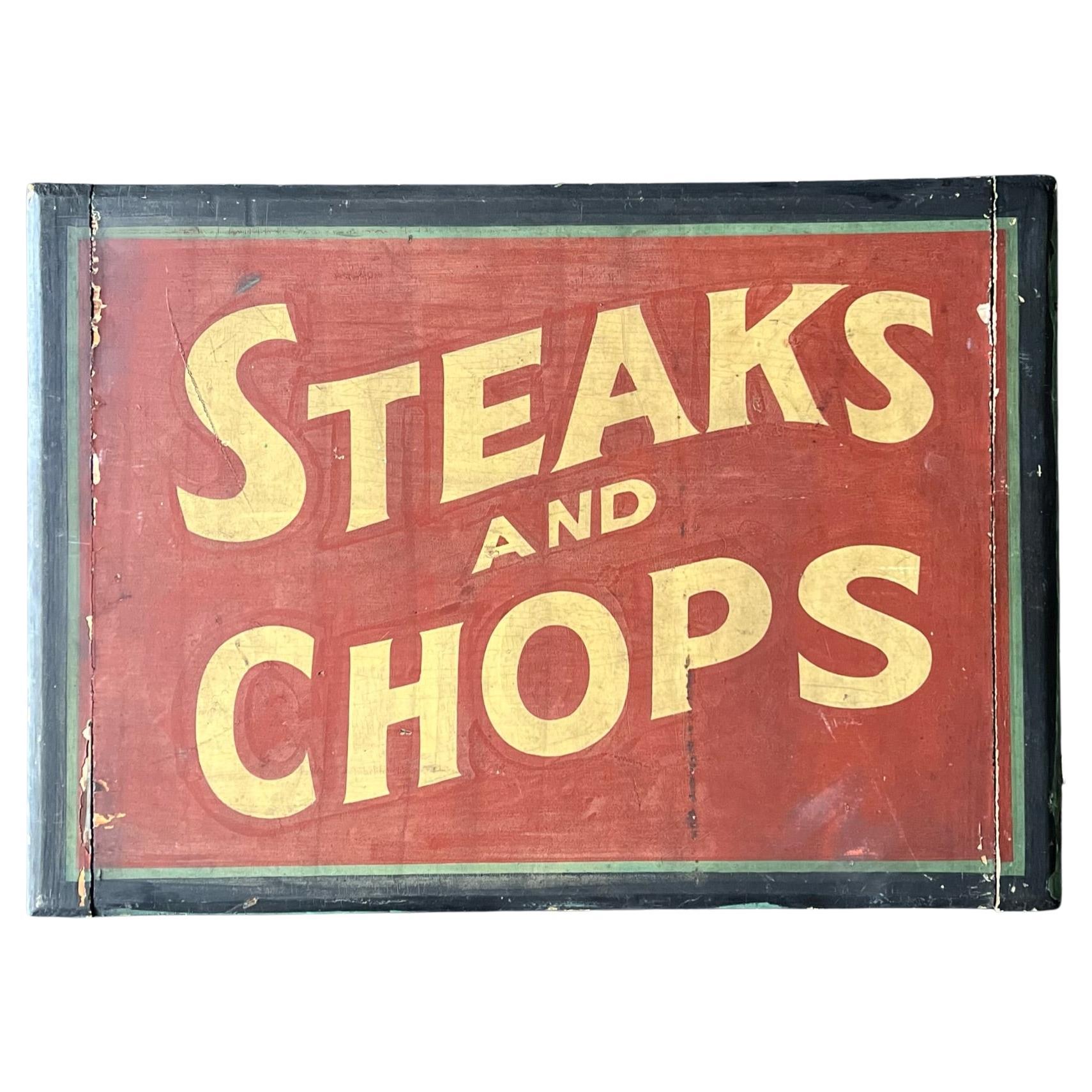 1920s Steaks & Chops Cartel de Madera Pintado a Mano - Carteles de Arte Popular Americano