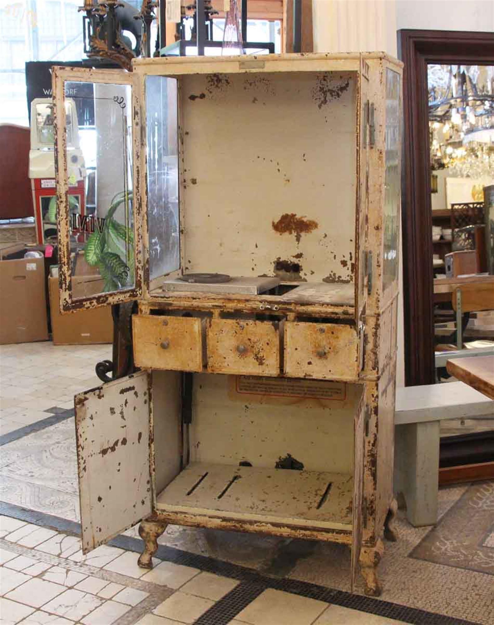 1920s Steel Beverage Cabinet Signed N.S. Low & Co. In Distressed Condition In New York, NY