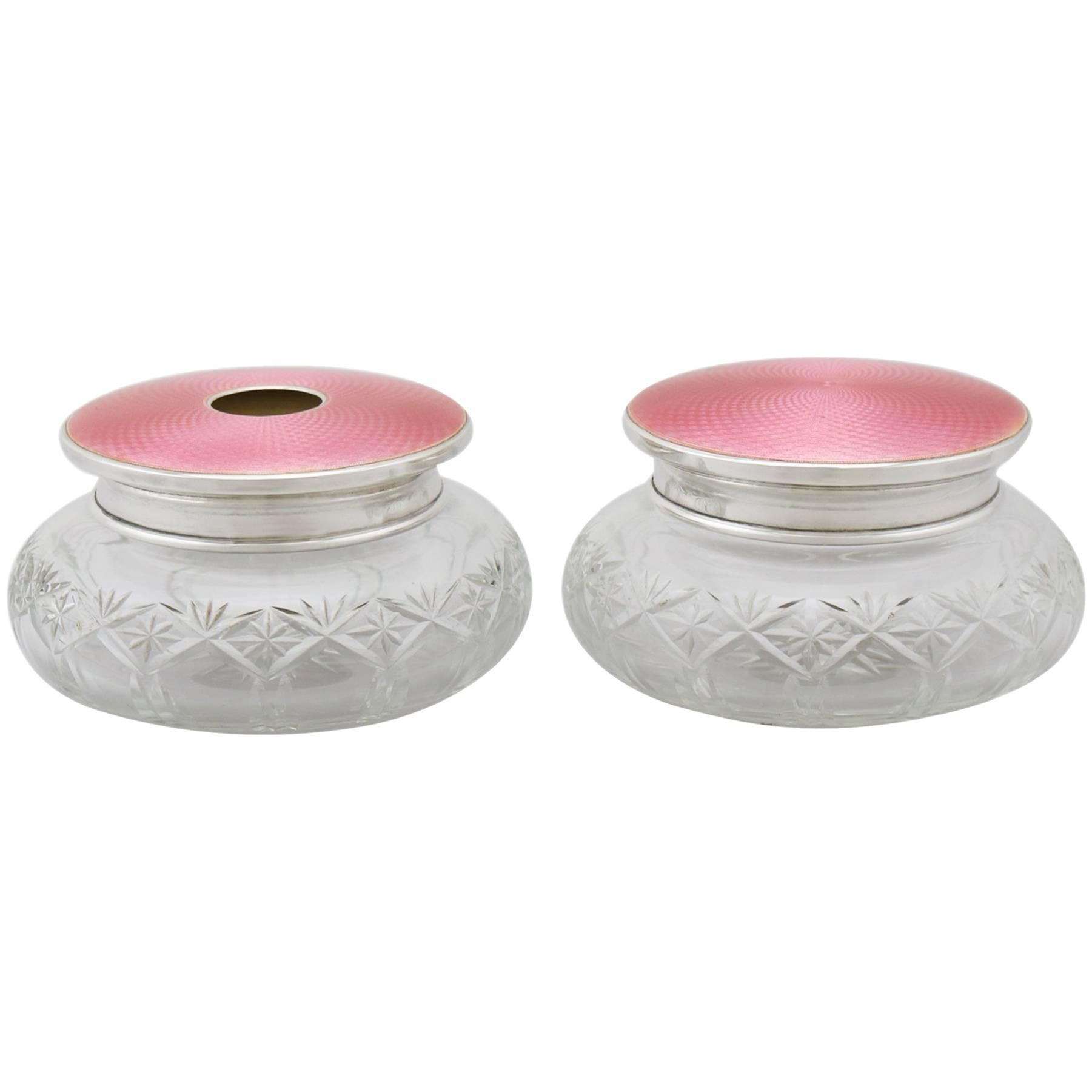 1920s Sterling Silver, Cut Glass and Enamel Dressing Table Jars