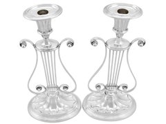 Antique George V Sterling Silver Lyre Candlesticks by Ellis Greenberg