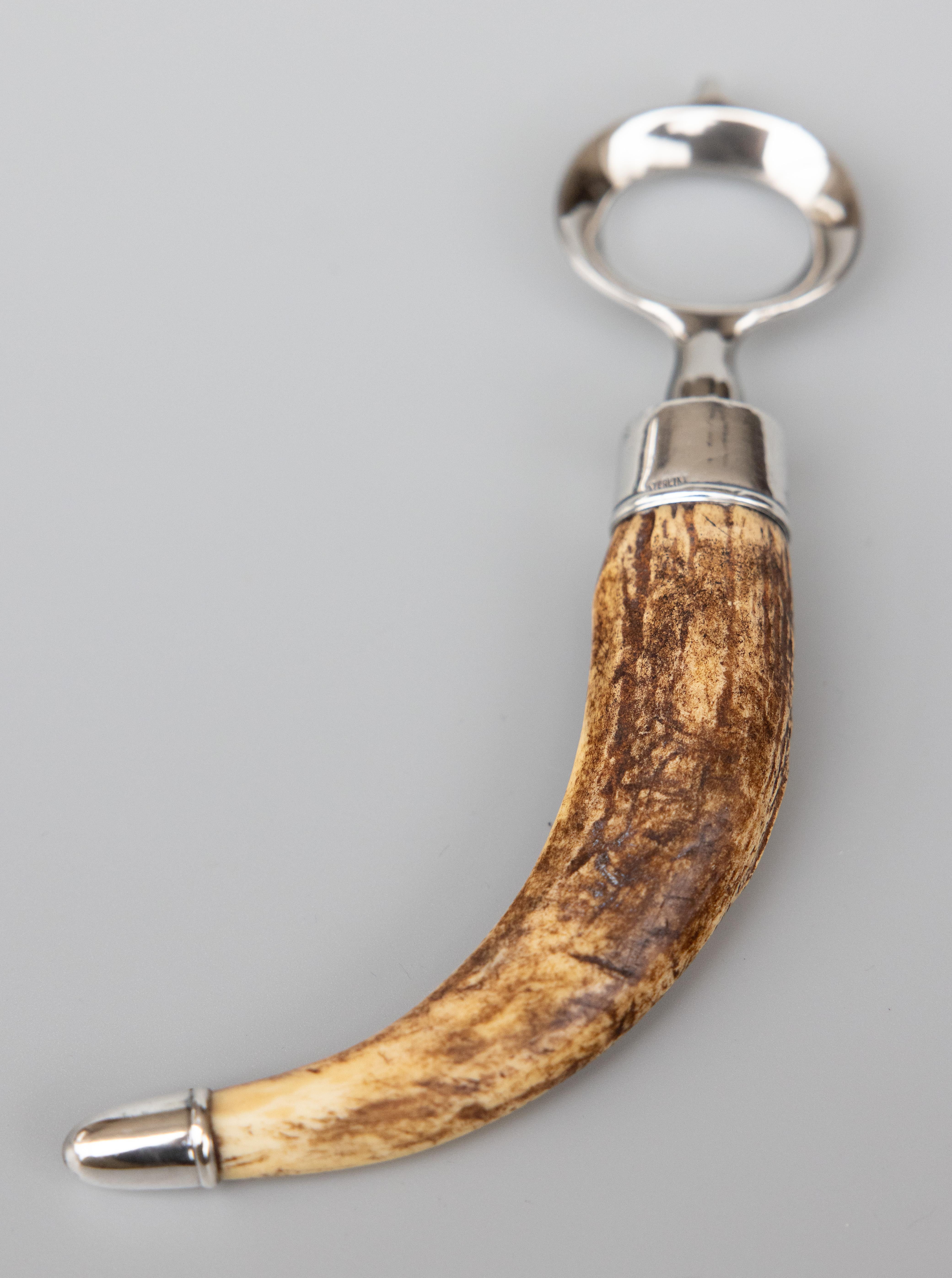 1920s Sterling Silver & Stag Antler Horn Handled Bottle Opener In Good Condition In Pearland, TX