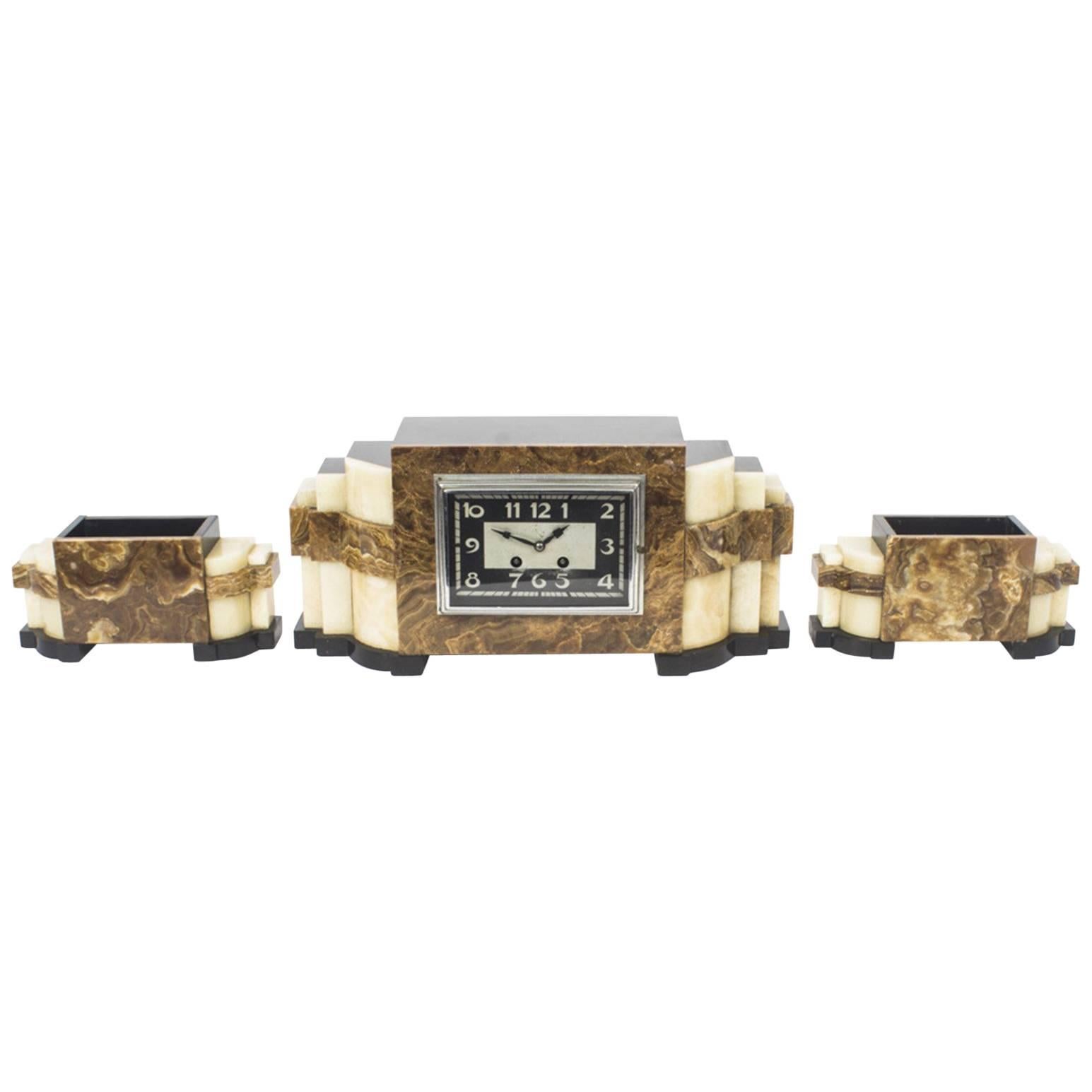 1920s Stunning Art Deco Marble Mantle Clock Garniture