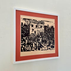 Scena di strada berlinese in stile anni '20, xilografia nera su carta, incorniciata, 1973