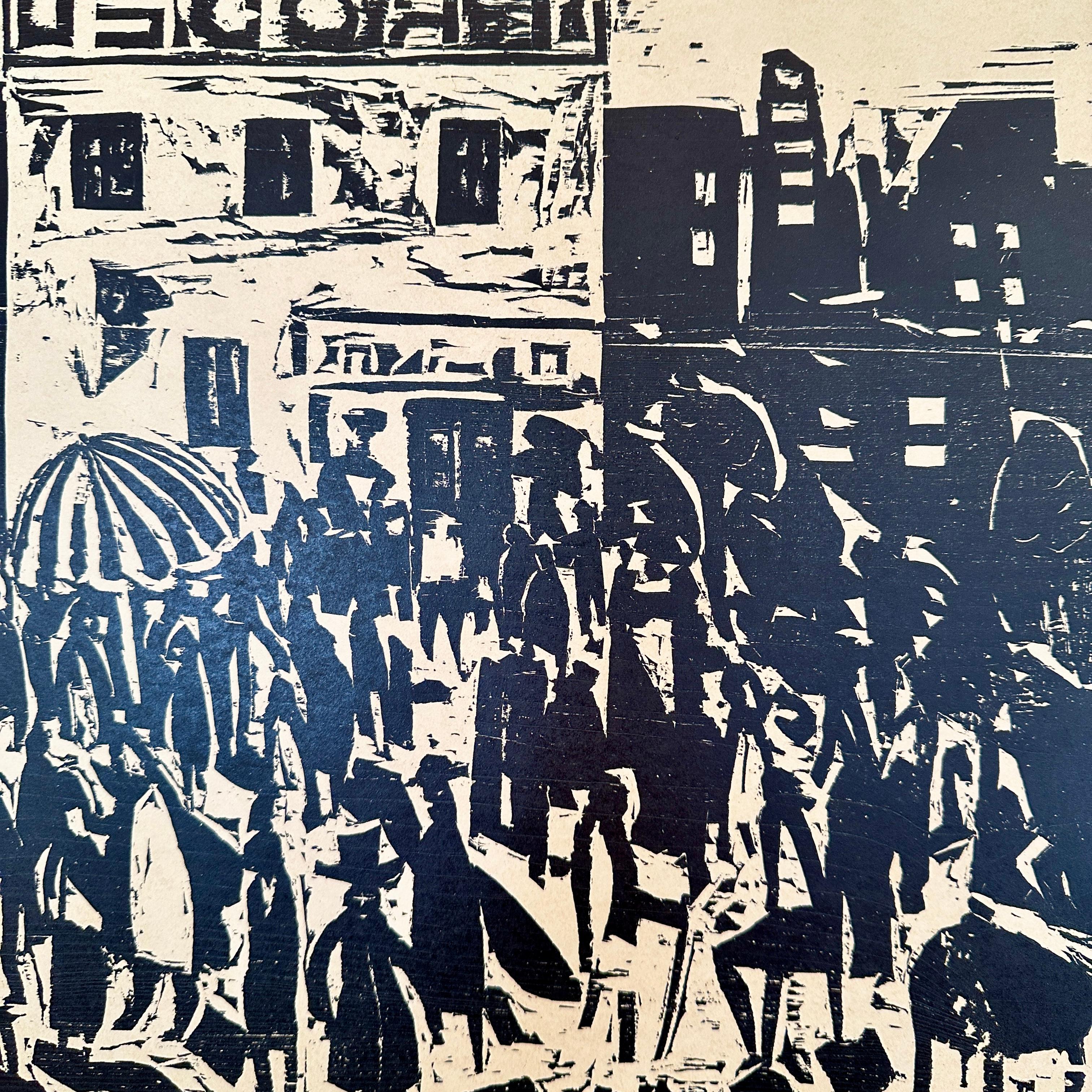 Berliner Straßenszene im Stil der 1920er Jahre, schwarzer Holzschnitt auf Papier, gerahmt, 1973 (Bauhaus) im Angebot