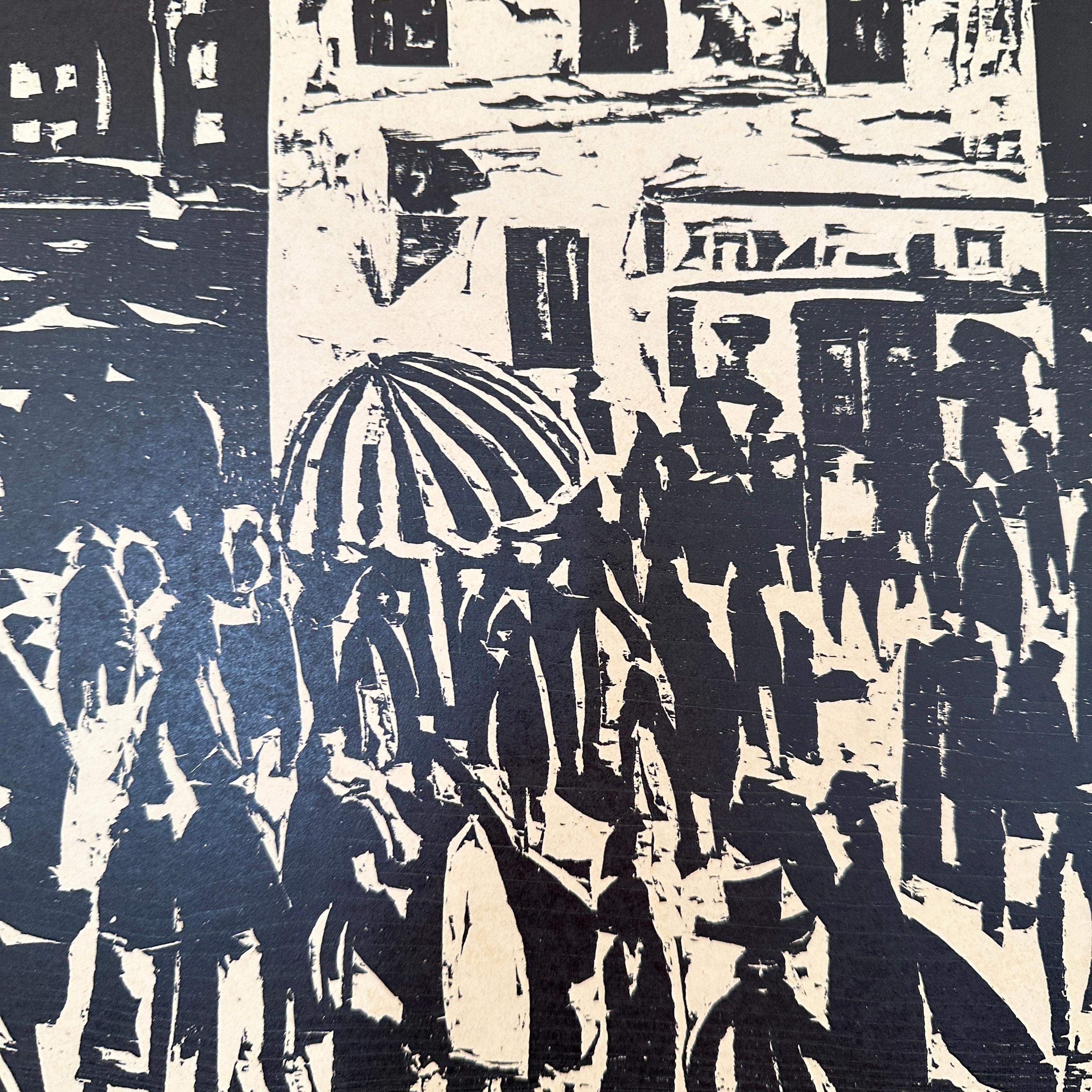Berliner Straßenszene im Stil der 1920er Jahre, schwarzer Holzschnitt auf Papier, gerahmt, 1973 (Deutsch) im Angebot