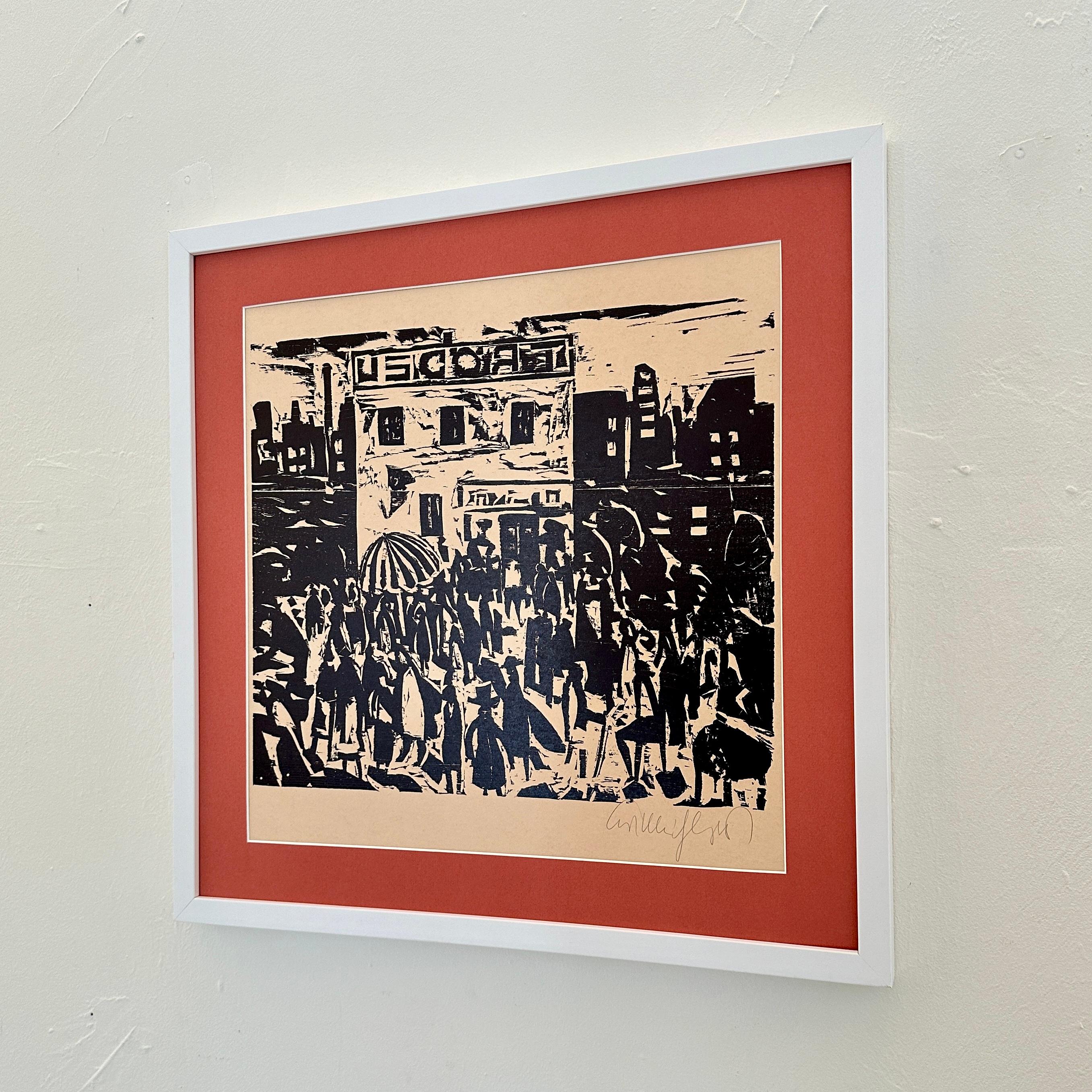 German 1920s Style Berlin Street Scene, Black Woodcut on Paper, Framed, 1973 For Sale