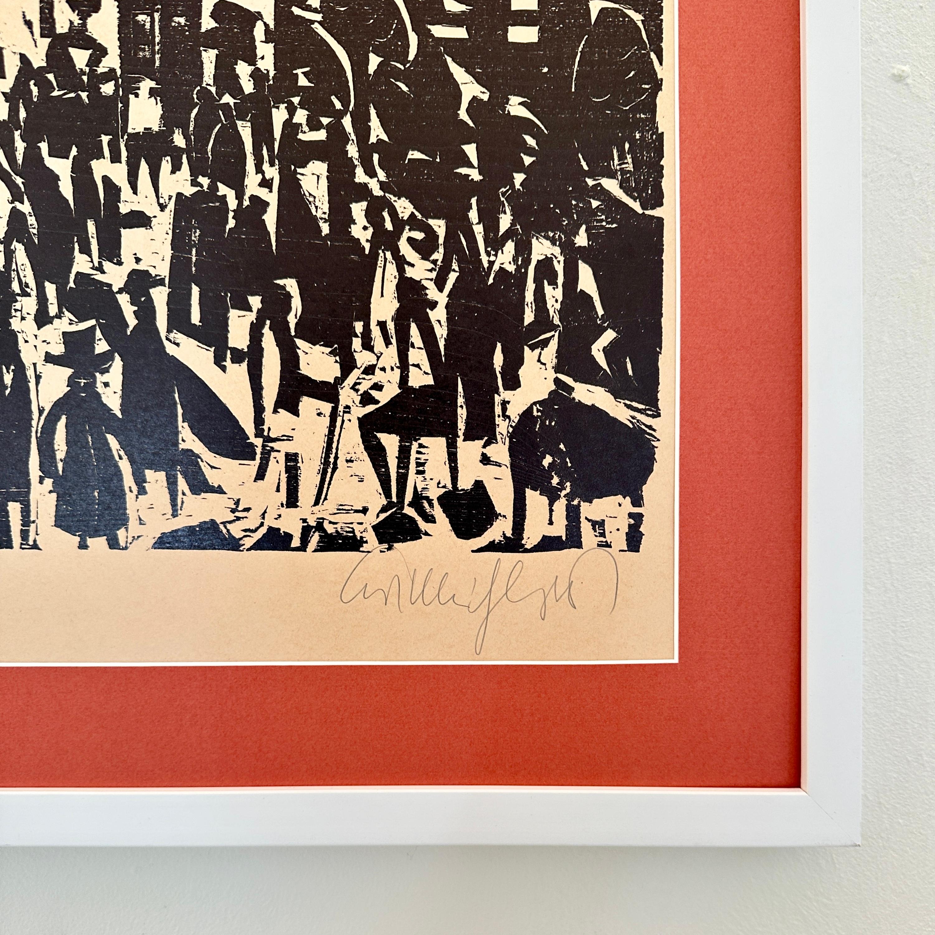 Late 20th Century 1920s Style Berlin Street Scene, Black Woodcut on Paper, Framed, 1973 For Sale