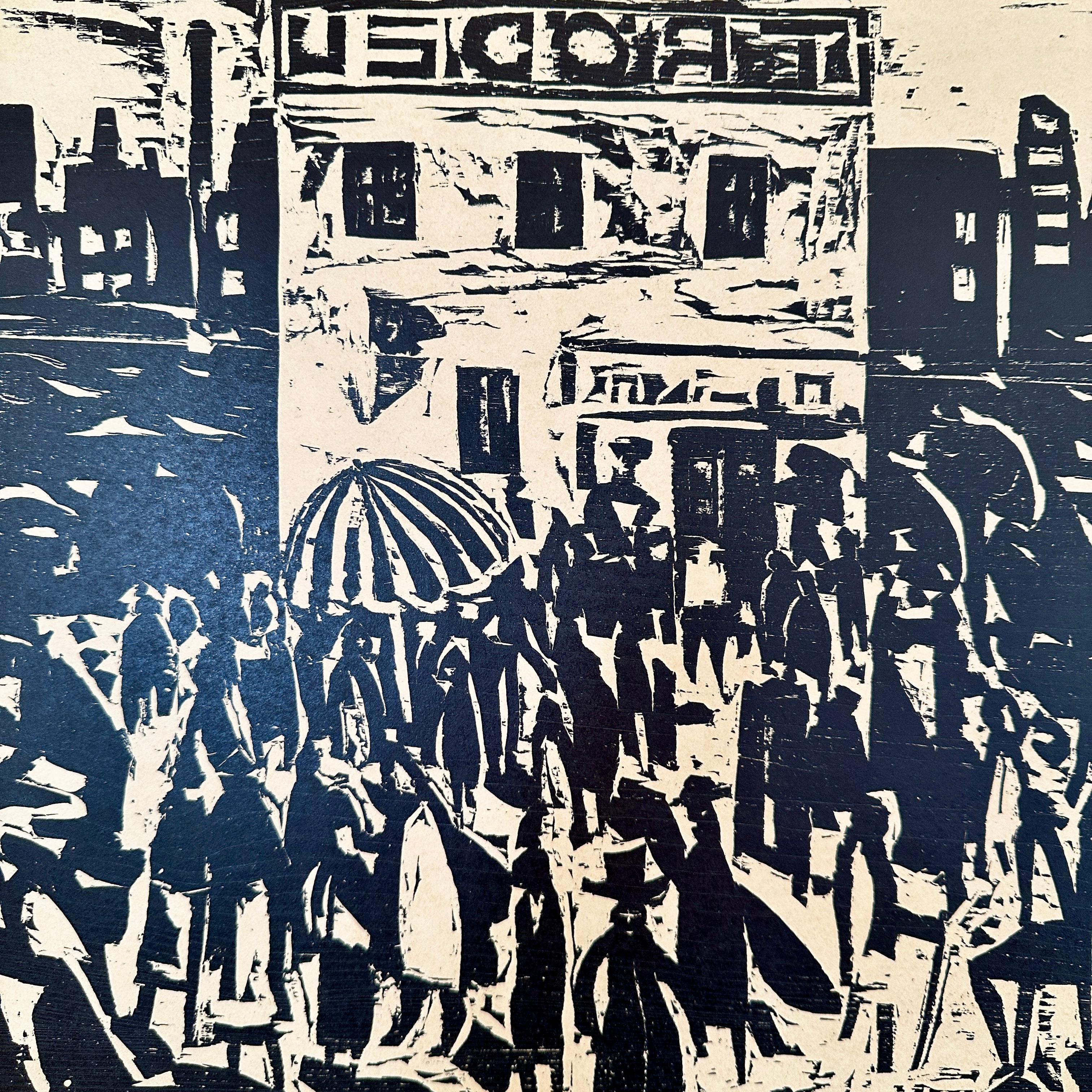 Glass 1920s Style Berlin Street Scene, Black Woodcut on Paper, Framed, 1973 For Sale