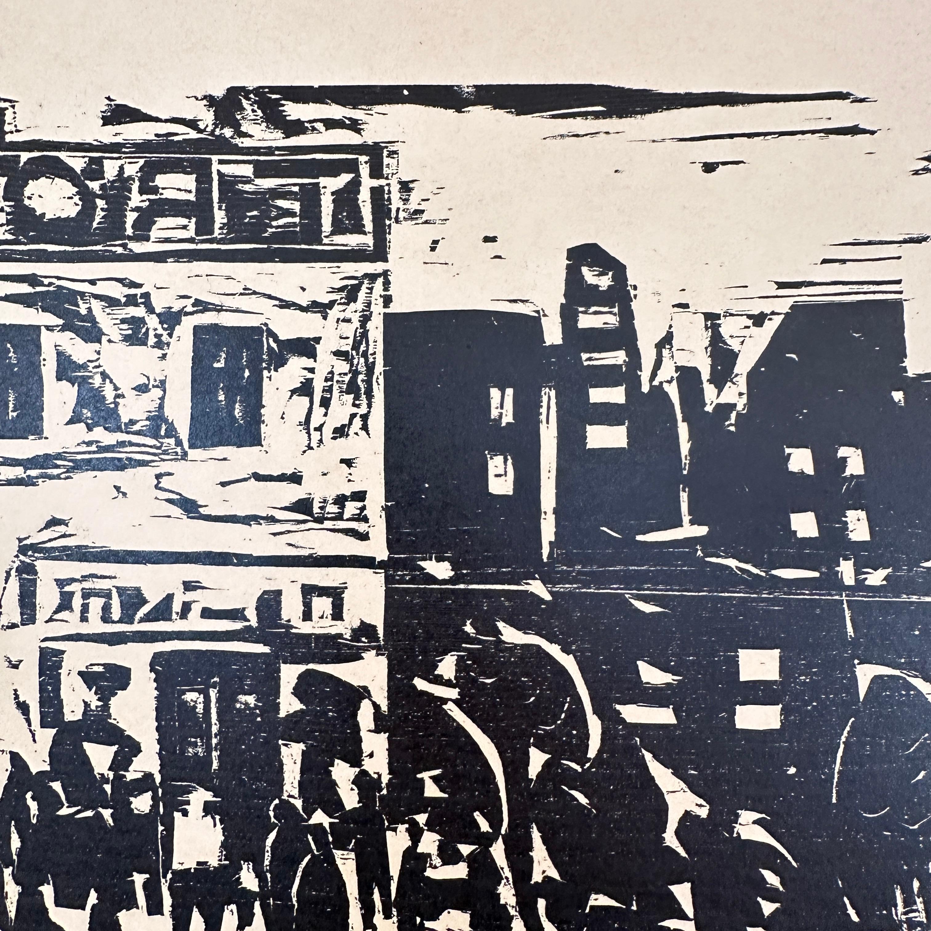 1920s Style Berlin Street Scene, Black Woodcut on Paper, Framed, 1973 For Sale 1