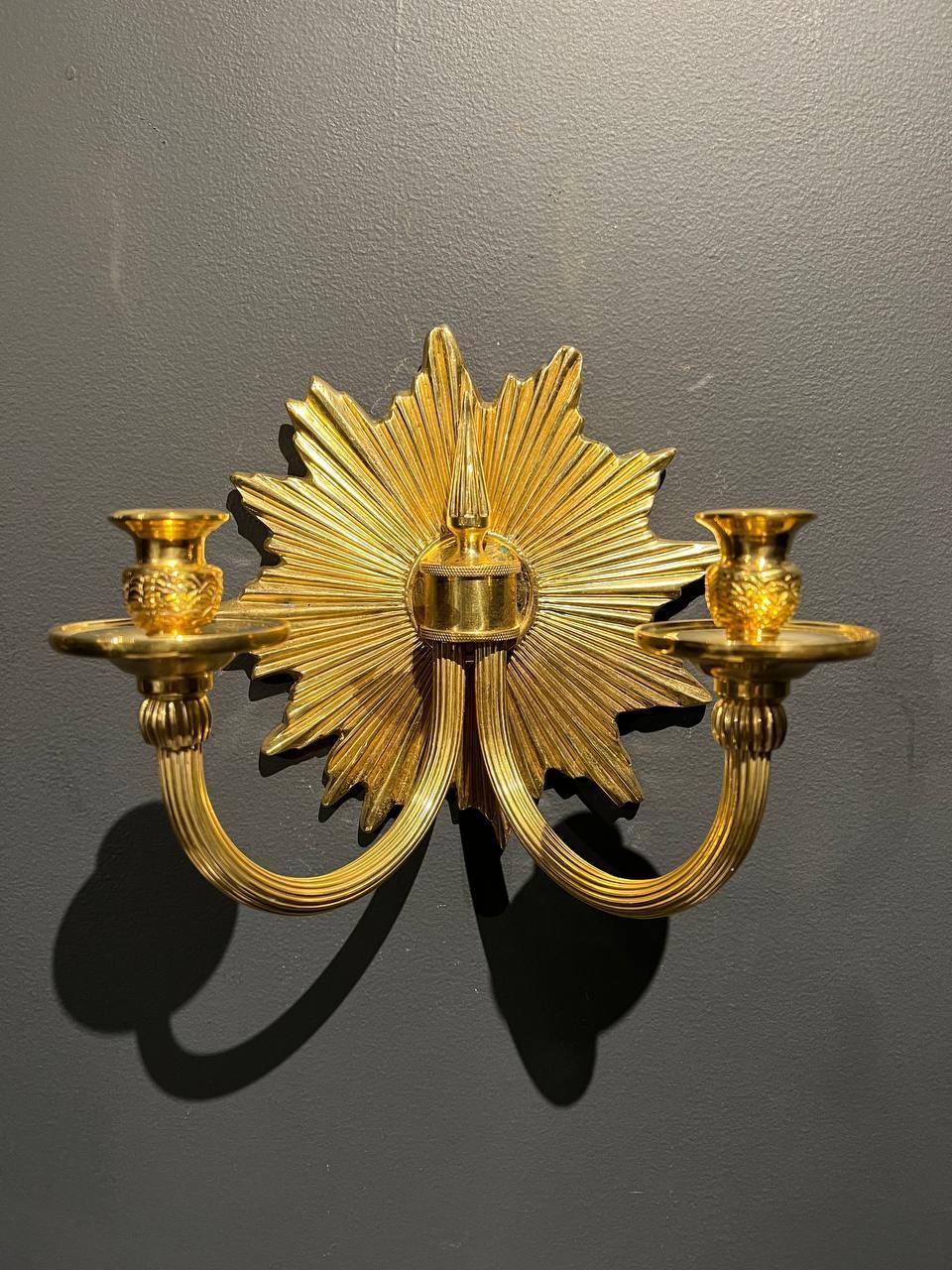 French Provincial 1920s Sunburst Gilt Bronze Sconces with two lights For Sale
