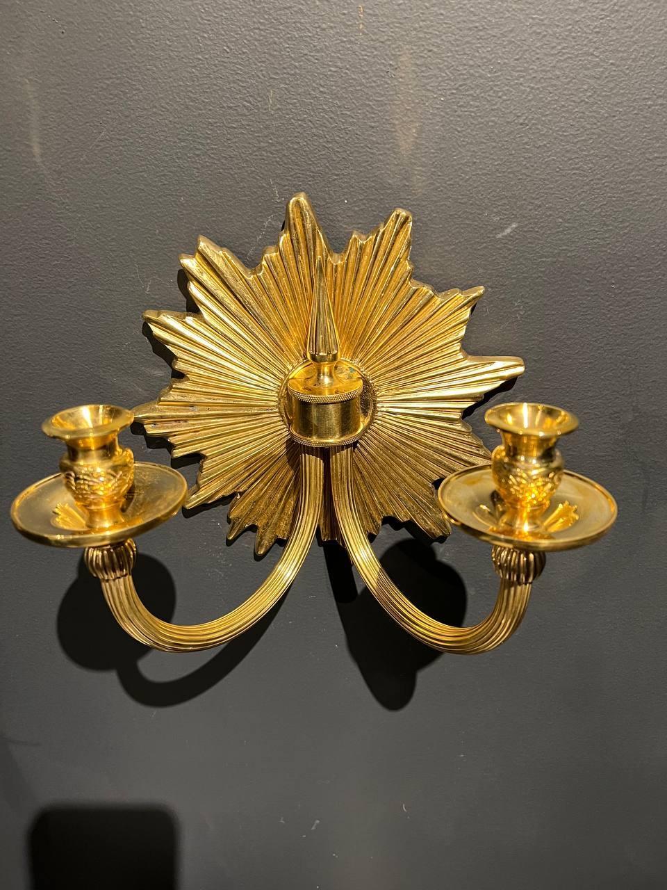 French 1920s Sunburst Gilt Bronze Sconces with two lights For Sale