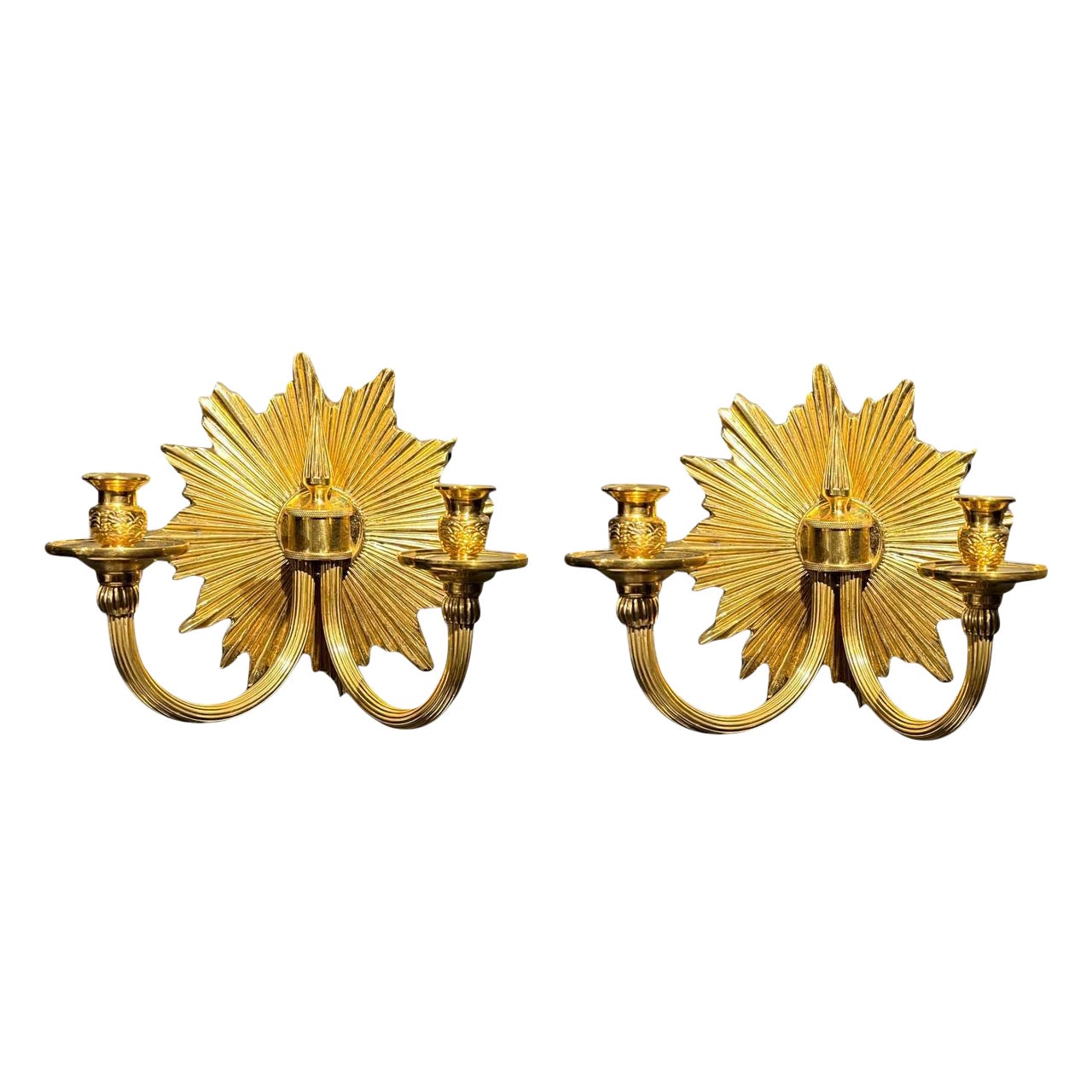 1920er Jahre Sunburst vergoldete Bronze Wandleuchter mit zwei Lichtern