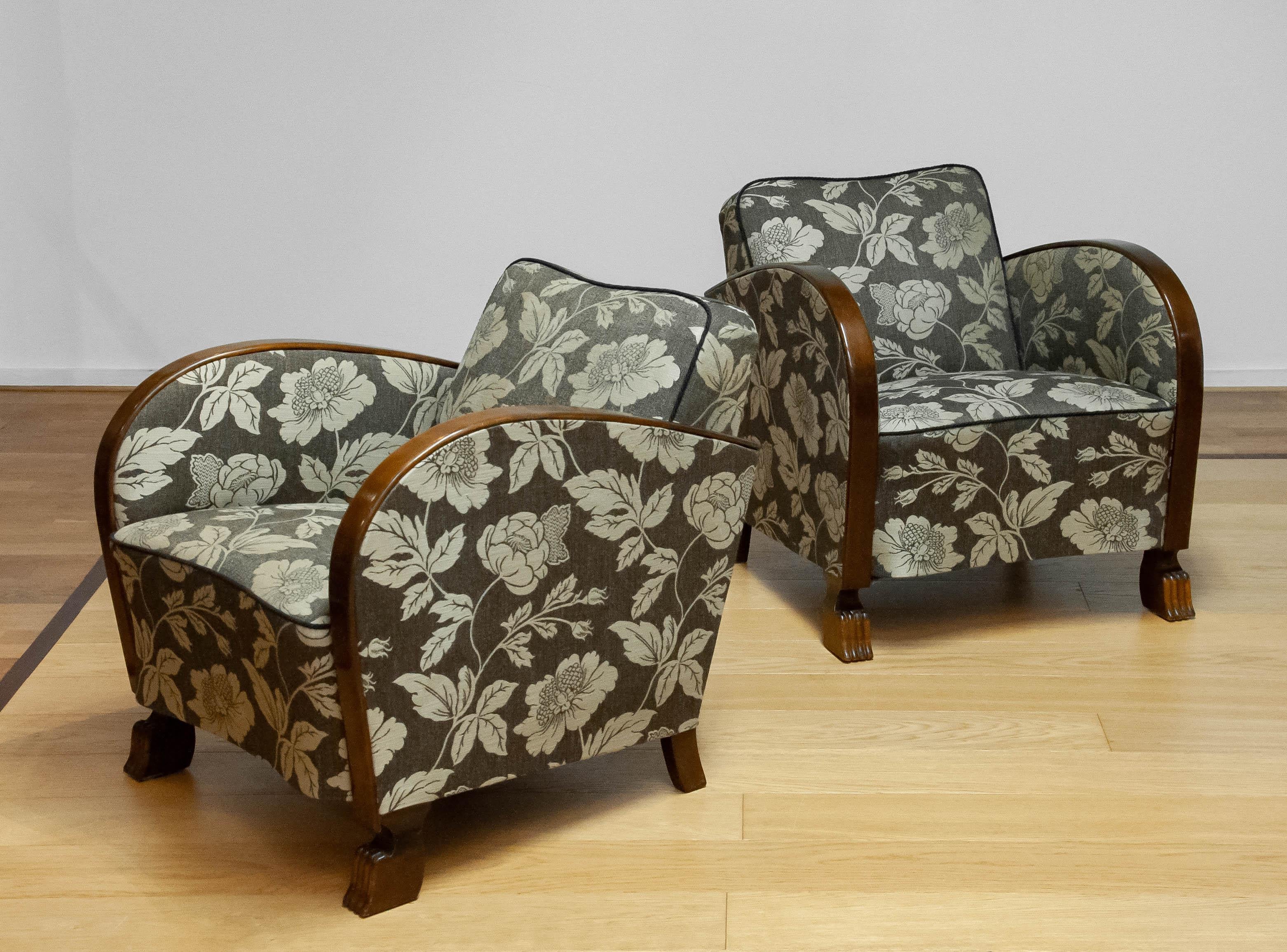 1920s Swedish Art Deco Club Chair With Wooden Armrests On Brown Jacquard Fabric 5
