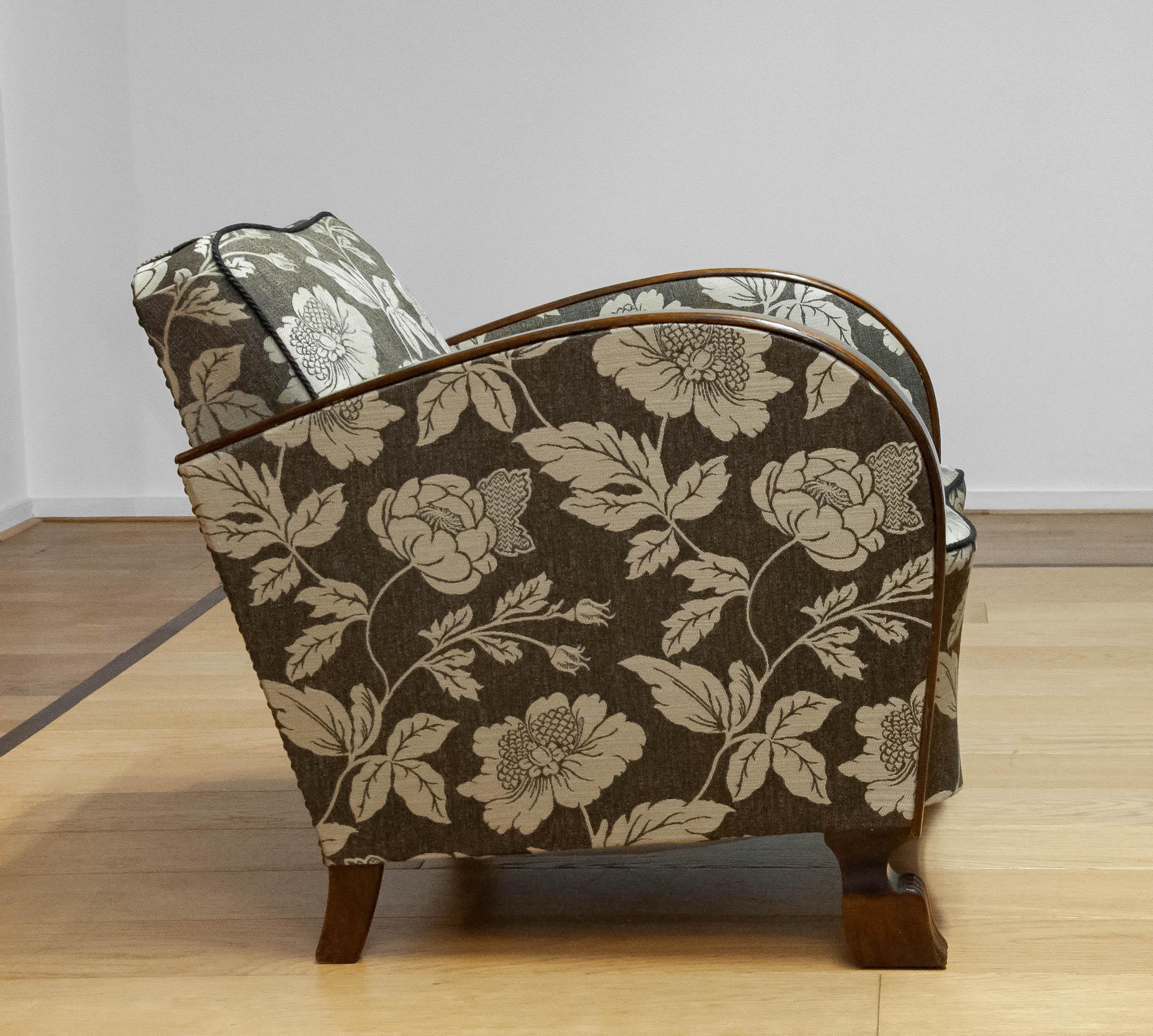 Early 20th Century 1920s Swedish Art Deco Club Chair With Wooden Armrests On Brown Jacquard Fabric