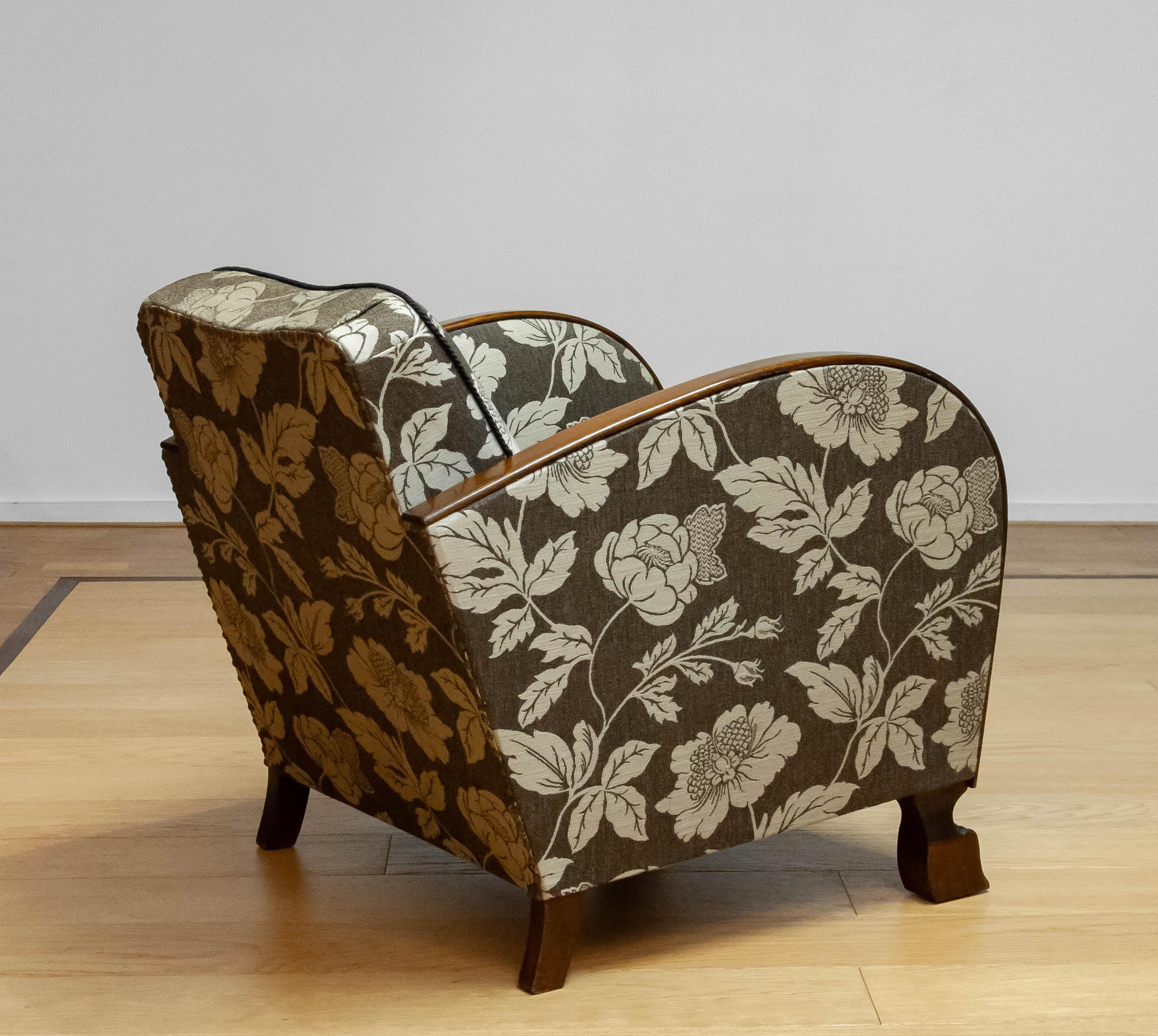 Wool 1920s Swedish Art Deco Club Chair With Wooden Armrests On Brown Jacquard Fabric