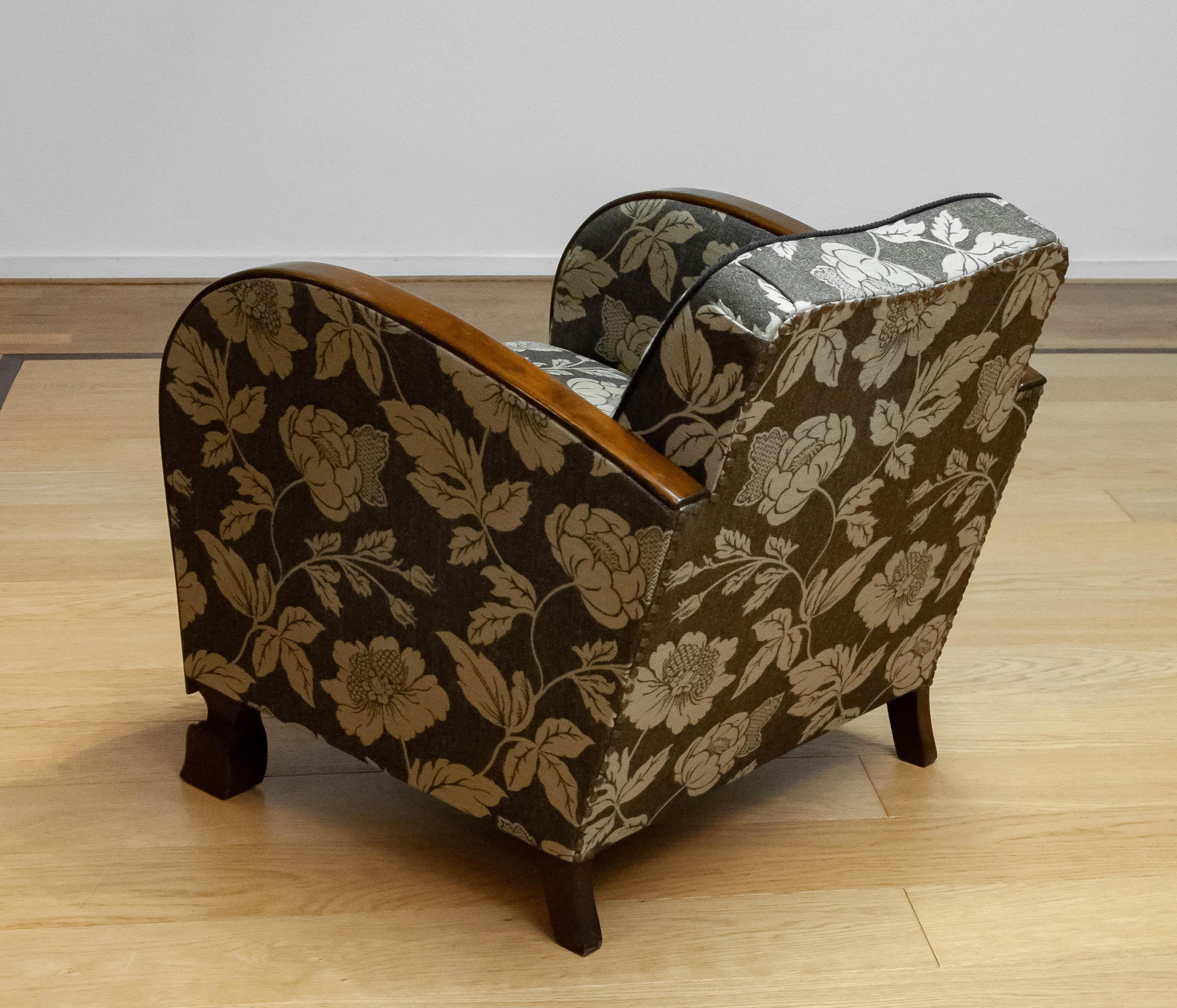 1920s Swedish Art Deco Club Chair With Wooden Armrests On Brown Jacquard Fabric 1