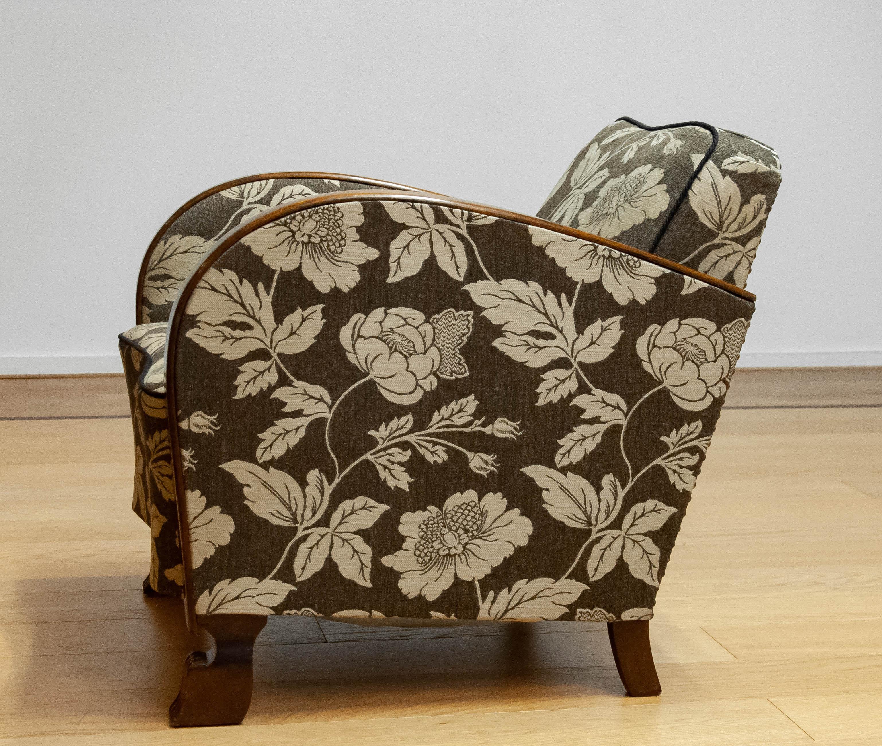 1920s Swedish Art Deco Club Chair With Wooden Armrests On Brown Jacquard Fabric 3