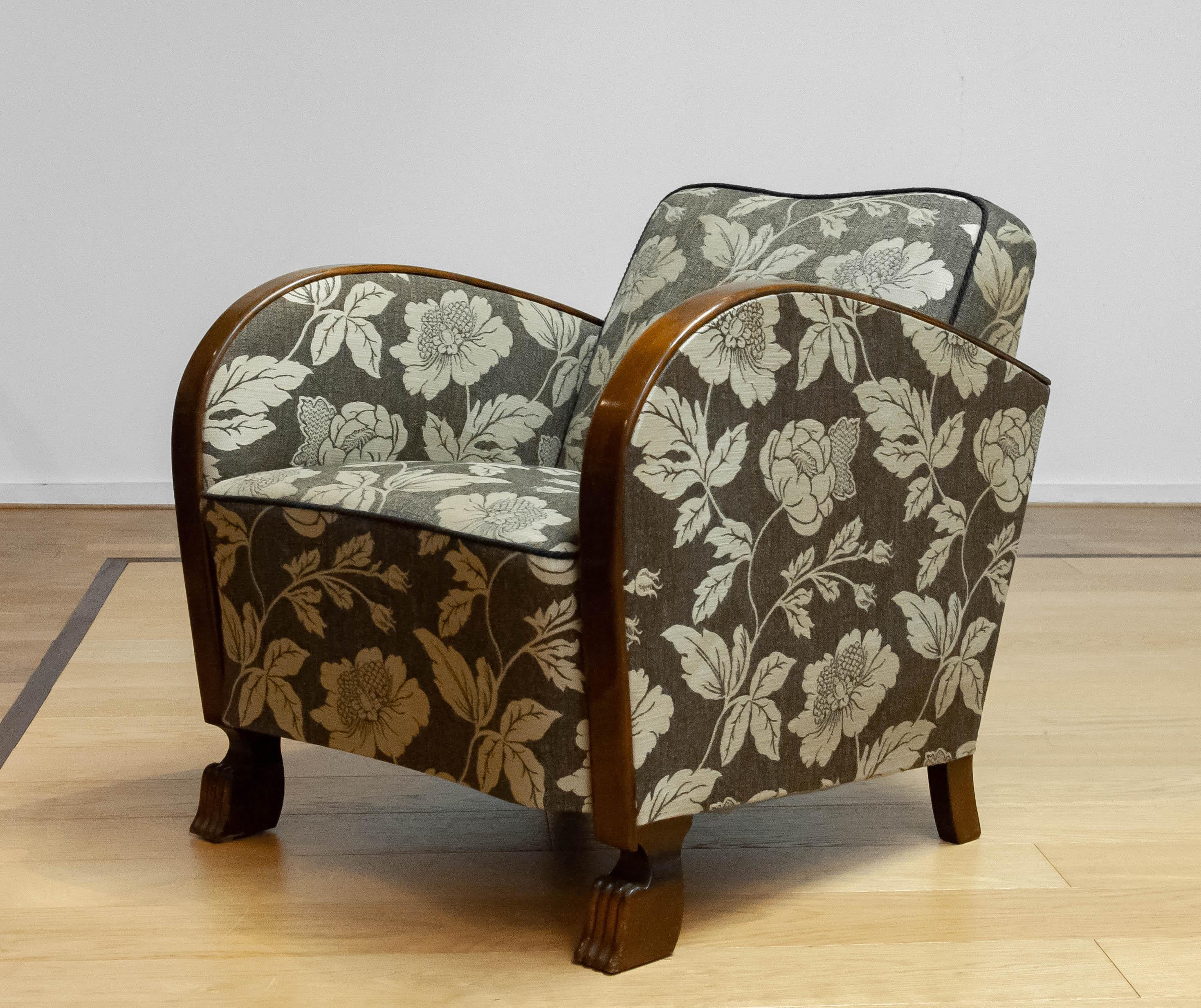 1920s Swedish Art Deco Club Chair With Wooden Armrests On Brown Jacquard Fabric 4