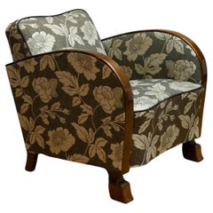 1920s Swedish Art Deco Club Chair With Wooden Armrests On Brown Jacquard Fabric