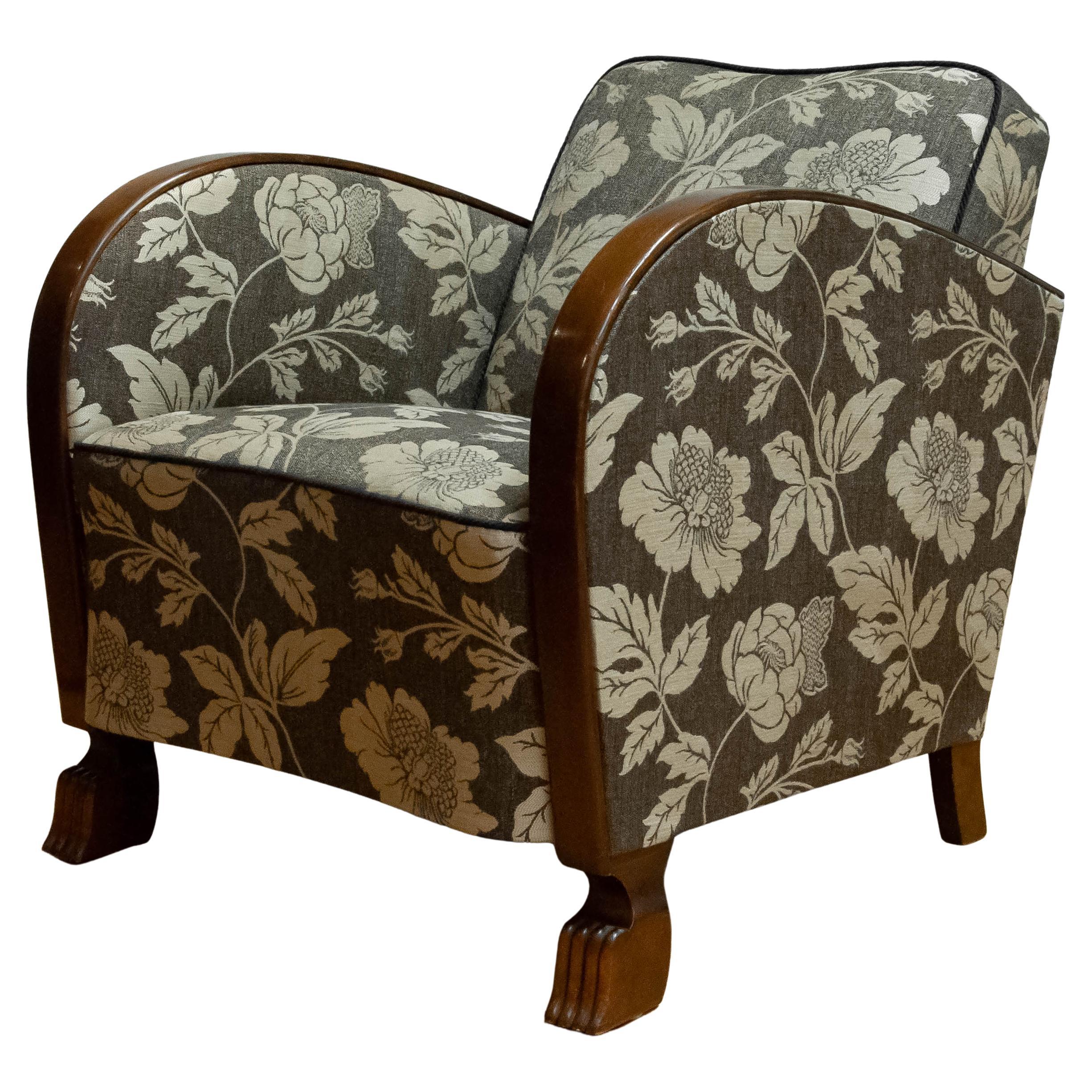 1920s Swedish Art Deco Club Chair With Wooden Armrests On Brown Jacquard Fabric