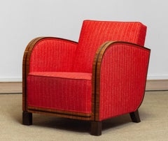 1920s Swedish Art Deco Club Lounge Chair Veneered Armrests and Red Bouclé Fabric